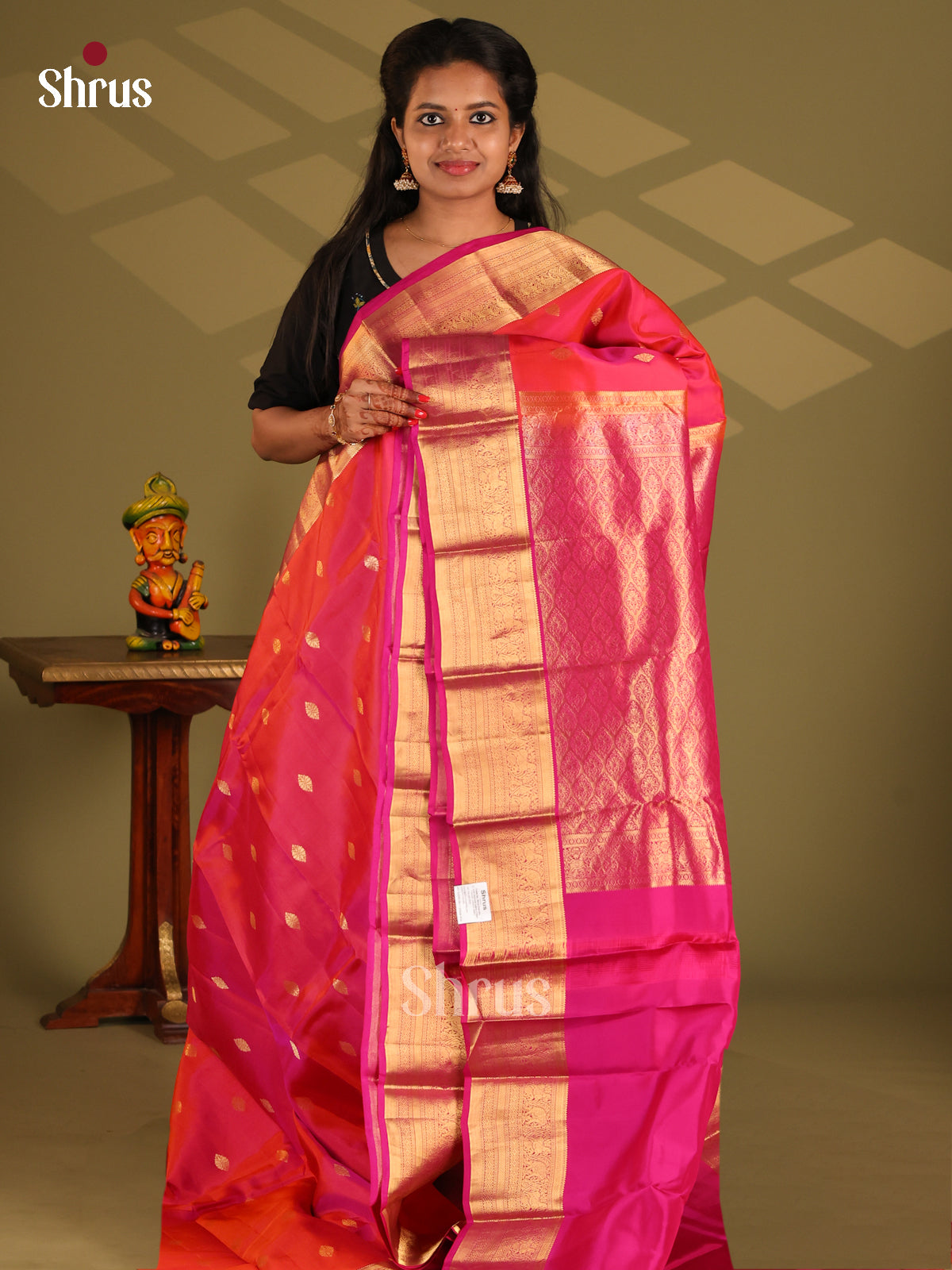 Orangish Pink & Pink  - Kanchipuram-halfpure Saree - Shop on Shrus.com