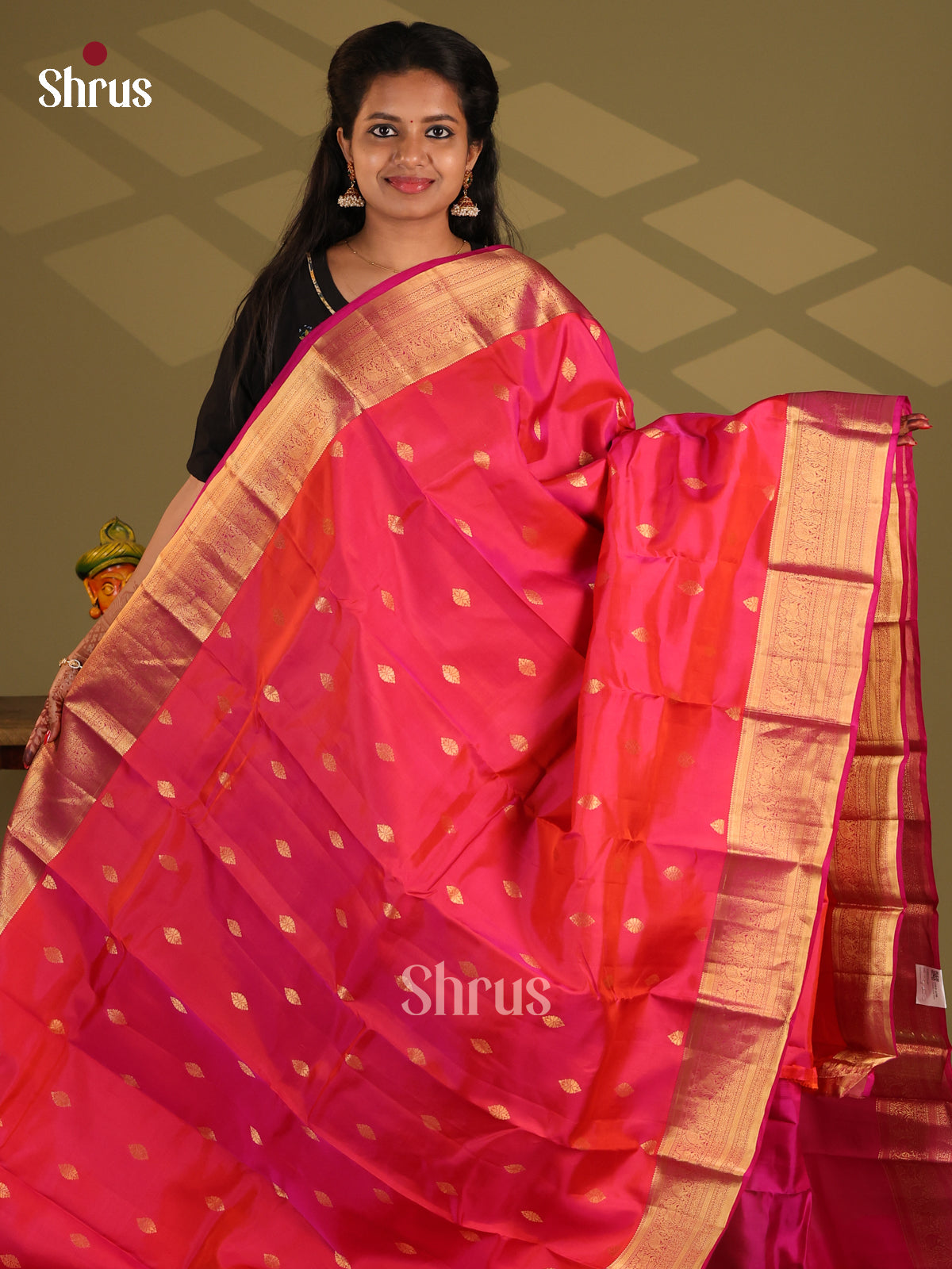 Orangish Pink & Pink  - Kanchipuram-halfpure Saree - Shop on Shrus.com