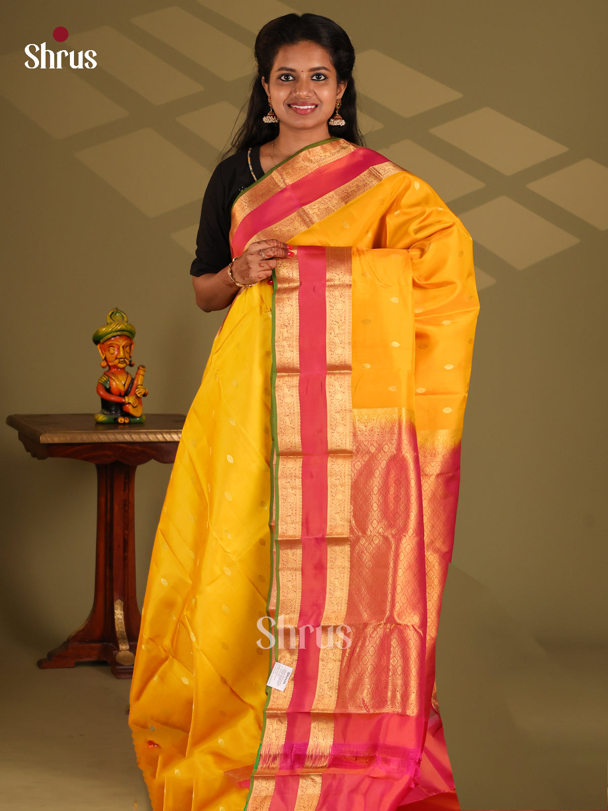 Yellow & Orange- Kanchipuram-halfpure Saree - Shop on Shrus.com