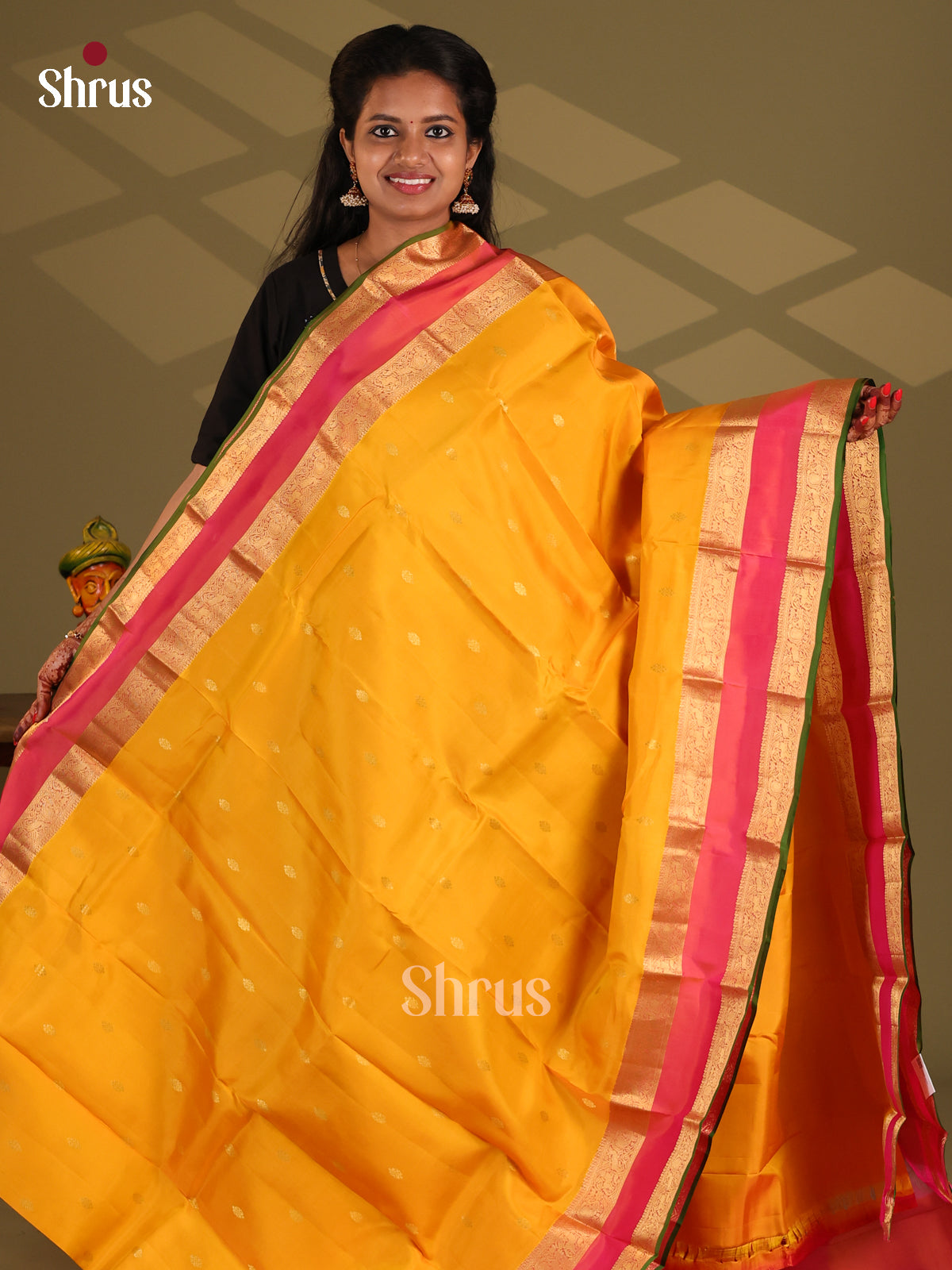 Yellow & Orange- Kanchipuram-halfpure Saree - Shop on Shrus.com