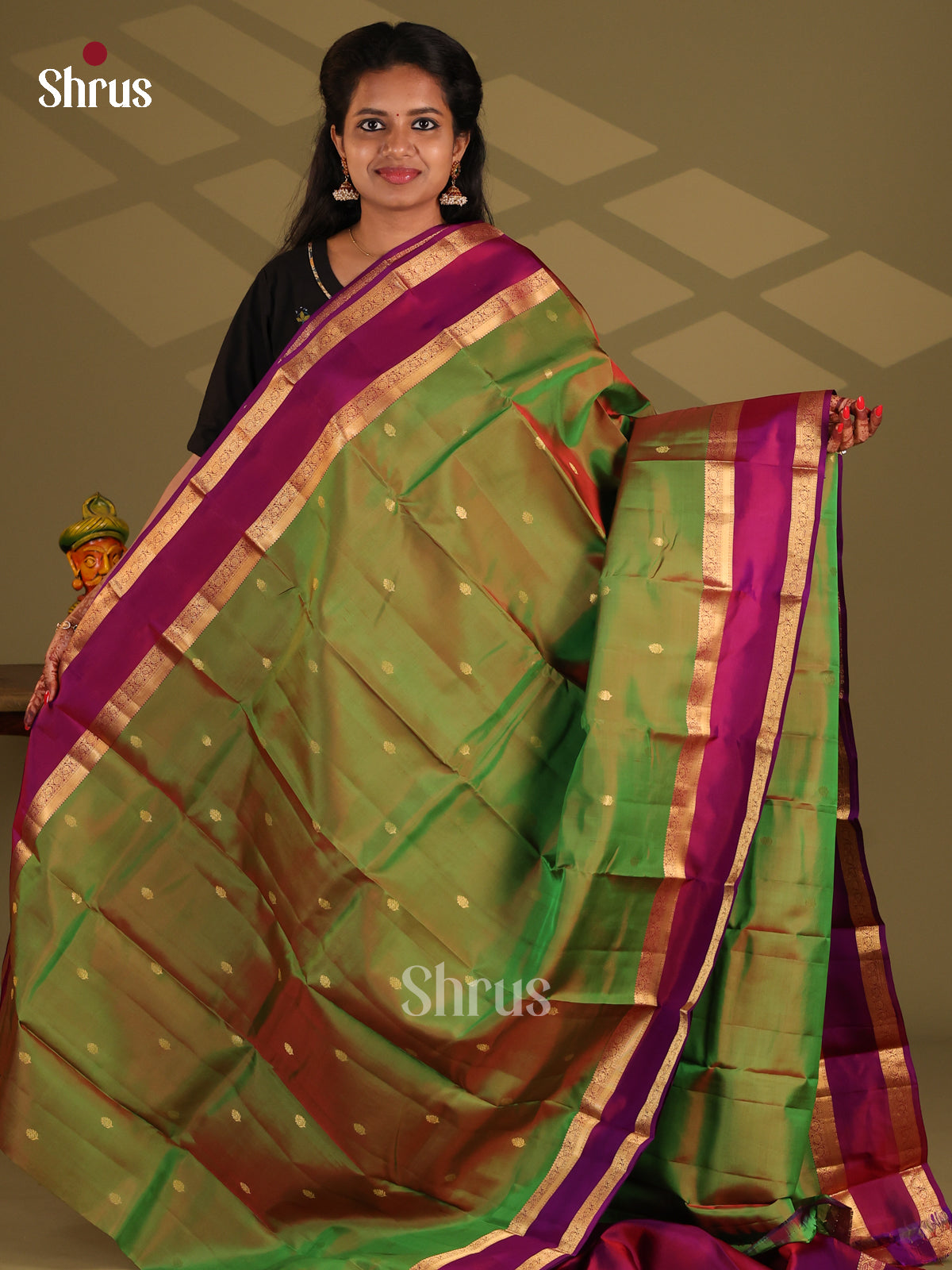 Double Shaded Green & Purple - Kanchipuram-halfpure Saree - Shop on Shrus.com