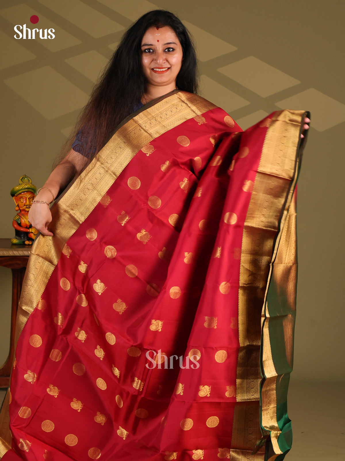 Red & Maroon - Kanchipuram-halfpure Saree - Shop on Shrus.com