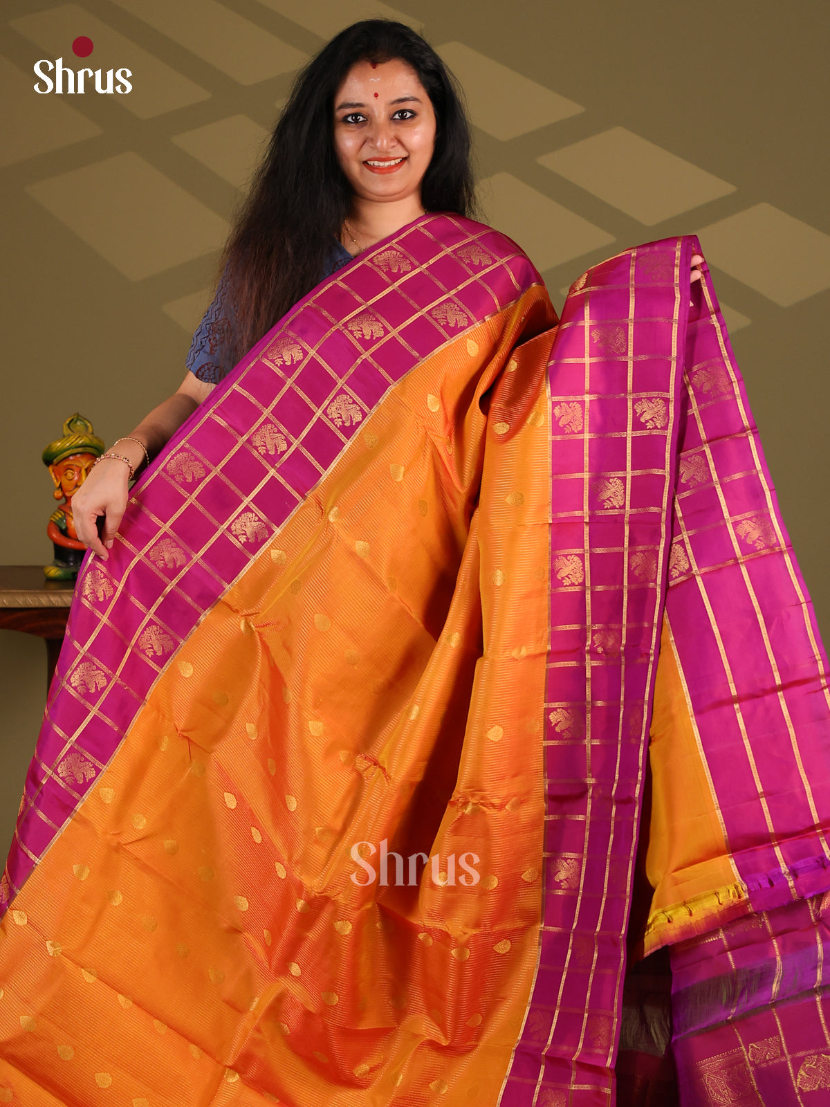 Orange & Purple - Kanchipuram-halfpure Saree - Shop on Shrus.com