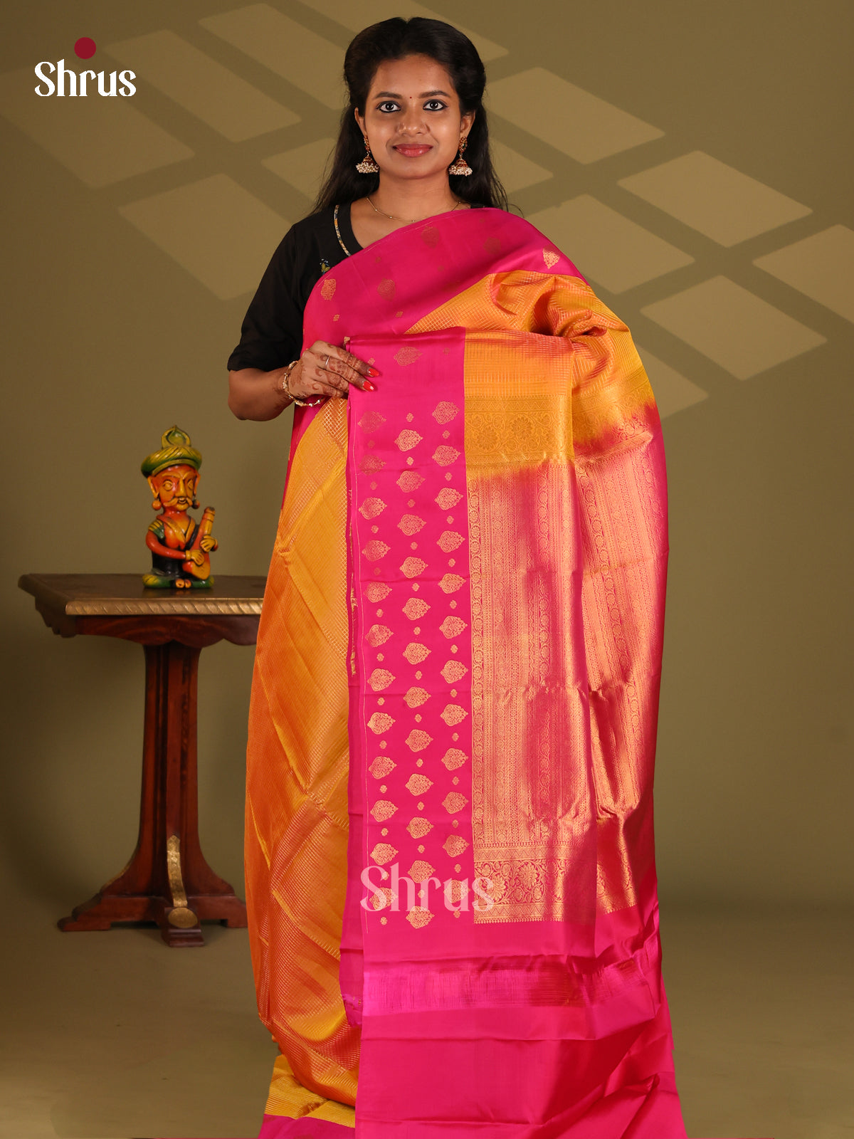 Orange & Pink - Kanchipuram-halfpure Saree - Shop on Shrus.com