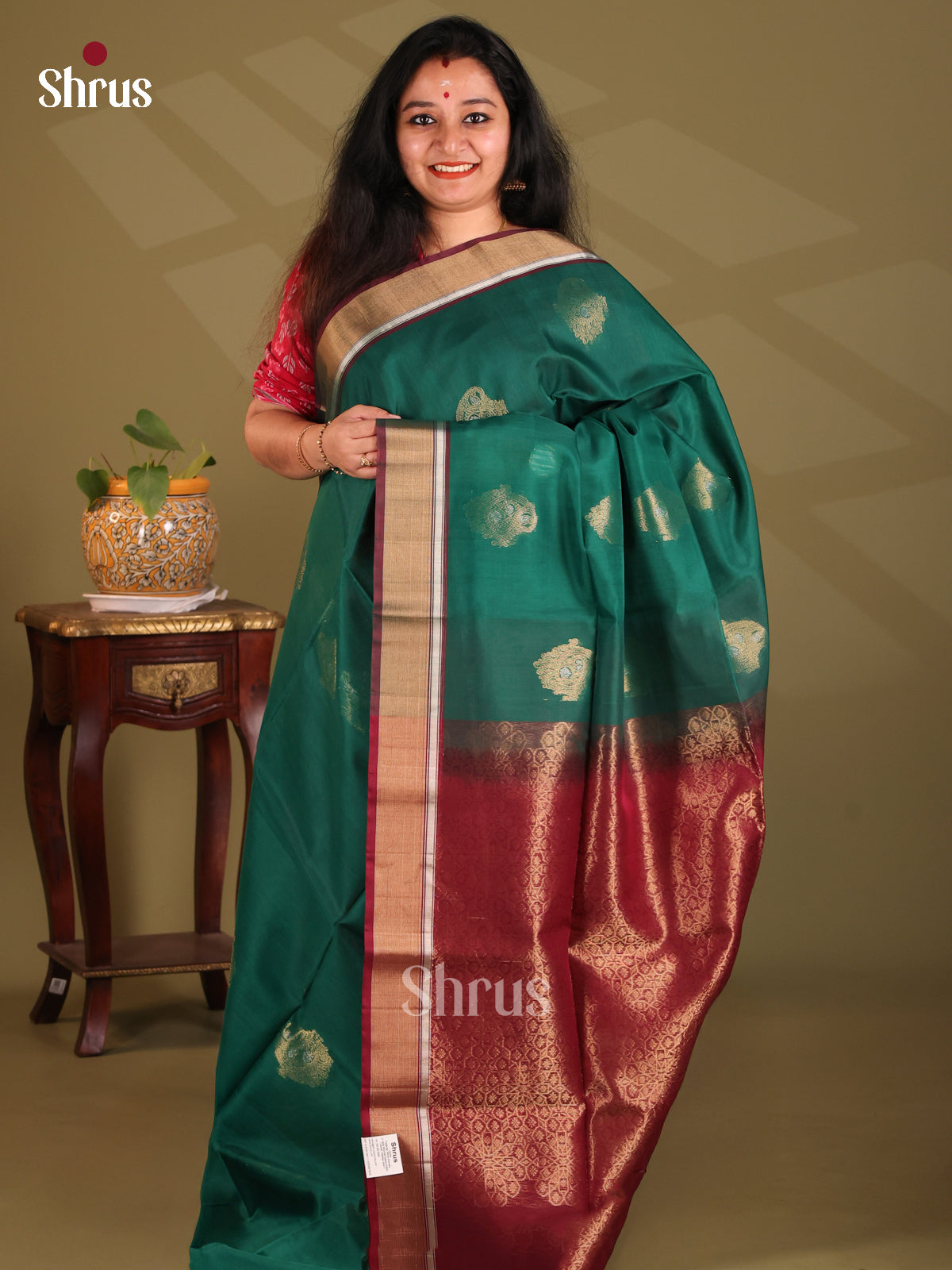 Green & Maroon - Silk Cotton Saree - Shop on Shrus.com
