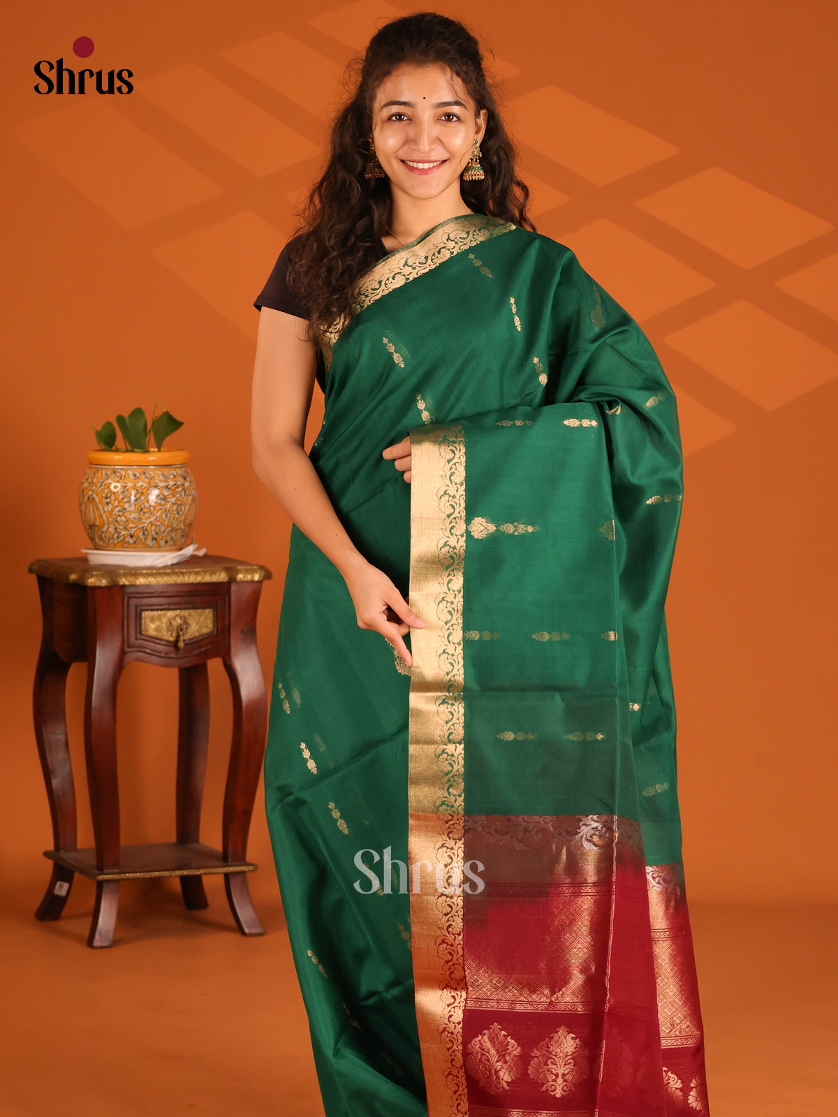 Green & Maroon - Silk Cotton Saree - Shop on Shrus.com