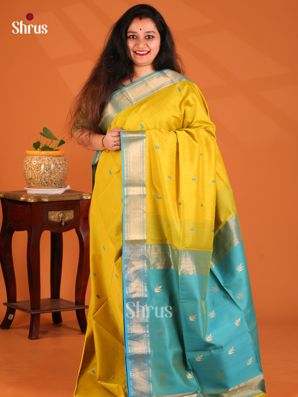 Yellow with Teal - Maheshwari silkcotton Saree - Shop on Shrus.com