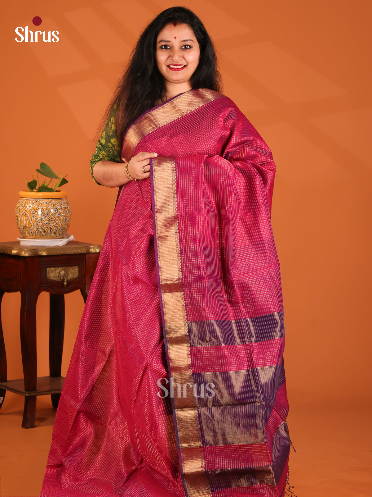 Majenta with Violet- Maheshwari silkcotton Saree - Shop on Shrus.com