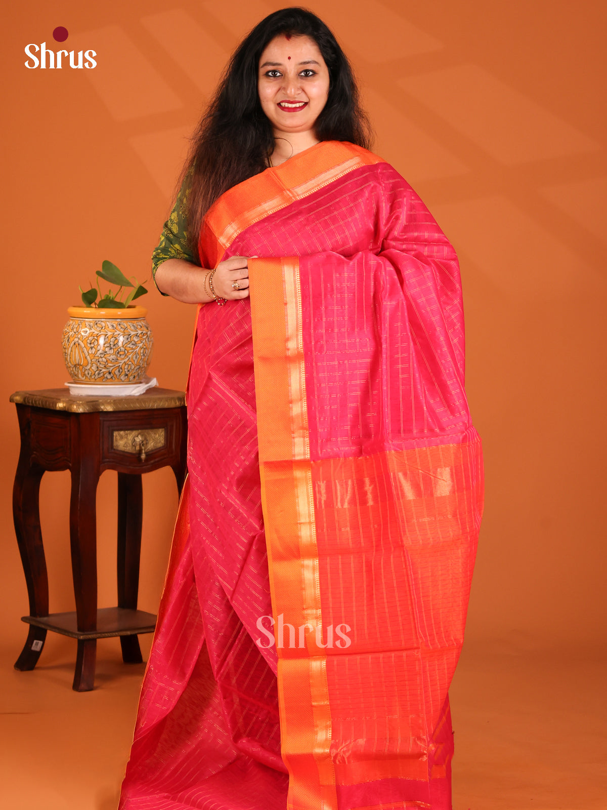 Pink with Orange- Maheshwari silkcotton Saree - Shop on Shrus.com