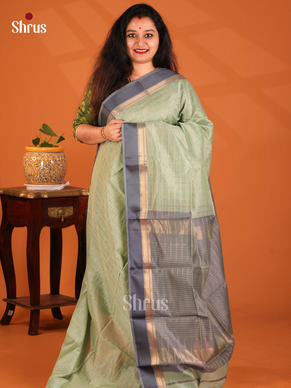 Pastel Green with Grey- Maheshwari silkcotton Saree - Shop on Shrus.com
