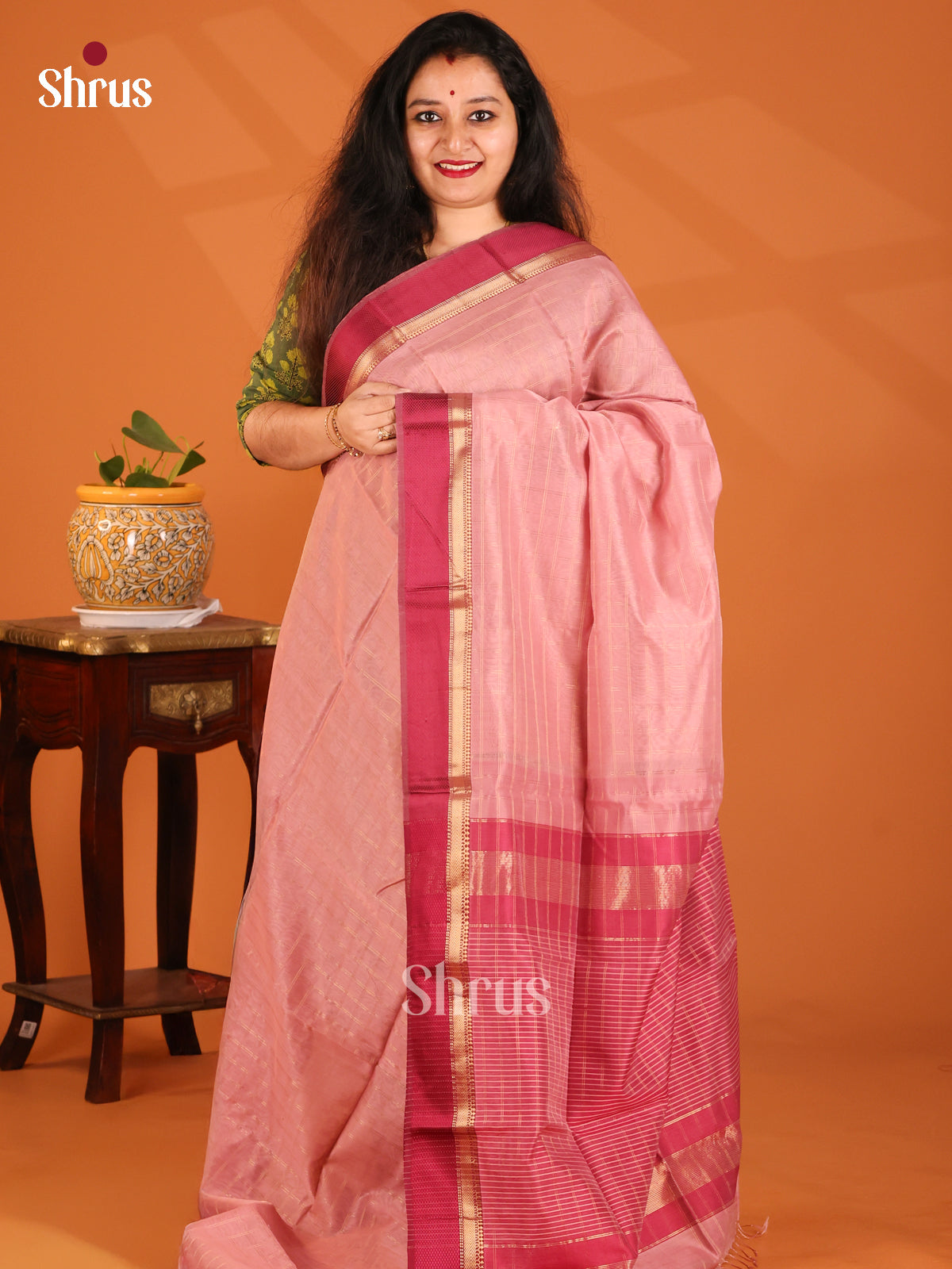 Dusty Pink with Maroon - Maheshwari silkcotton Saree - Shop on Shrus.com