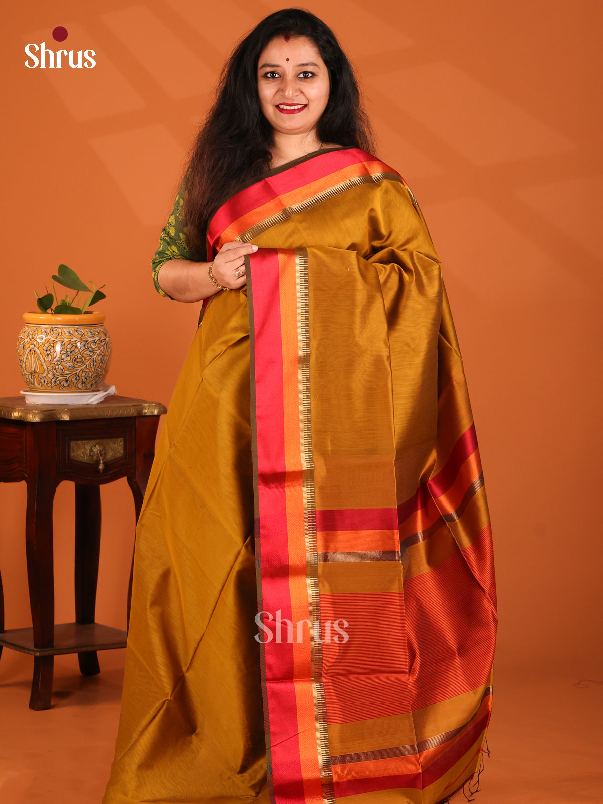 Mustard & Red - Maheshwari silkcotton Saree - Shop on Shrus.com