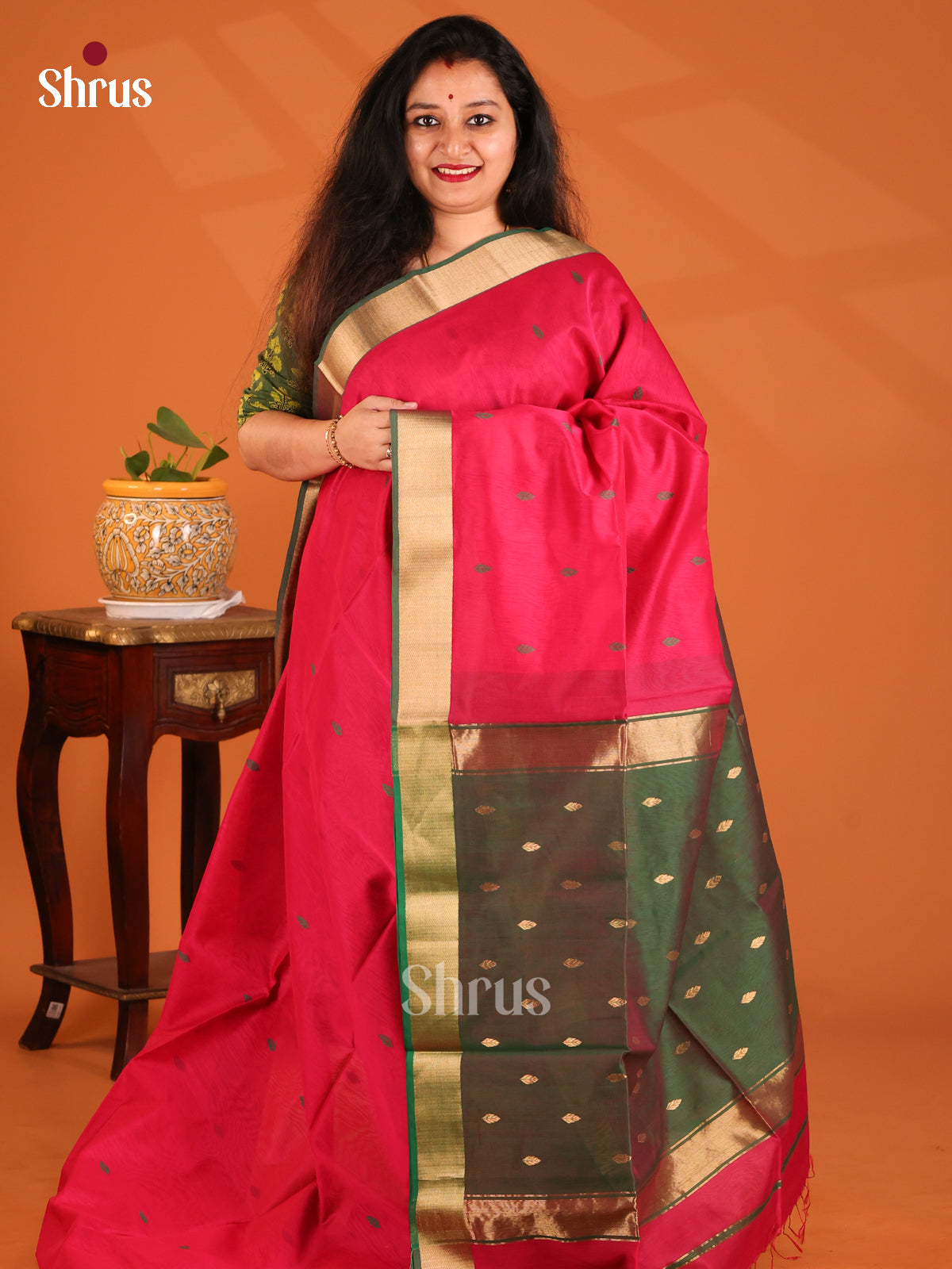 Pink with Green - Maheshwari silkcotton Saree - Shop on Shrus.com