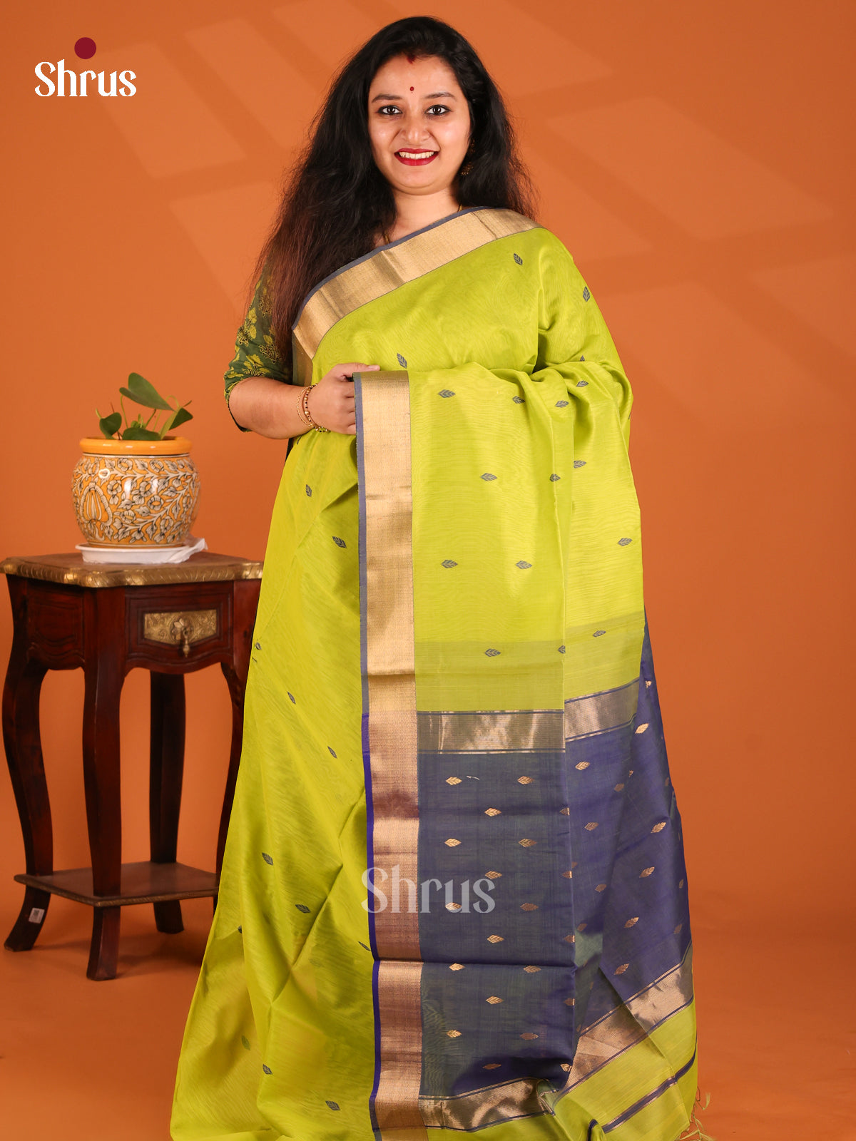 Lite Green with Blue - Maheshwari silkcotton Saree - Shop on Shrus.com