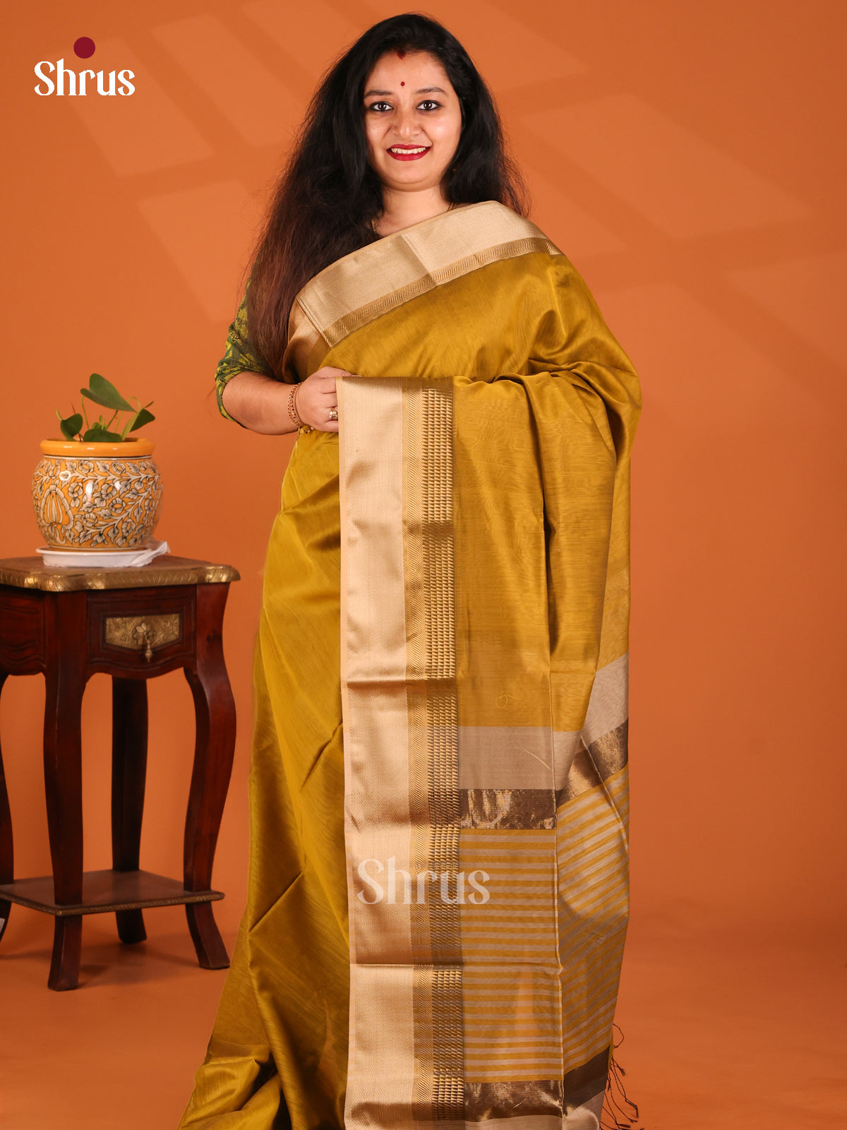 Mustard with Grey - Maheshwari silkcotton Saree - Shop on Shrus.com