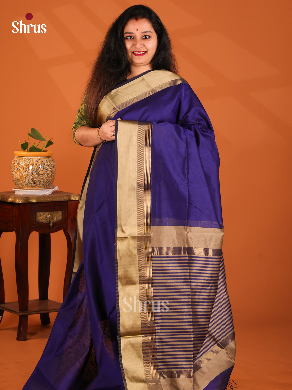 Blue with Grey- Maheshwari silkcotton Saree - Shop on Shrus.com