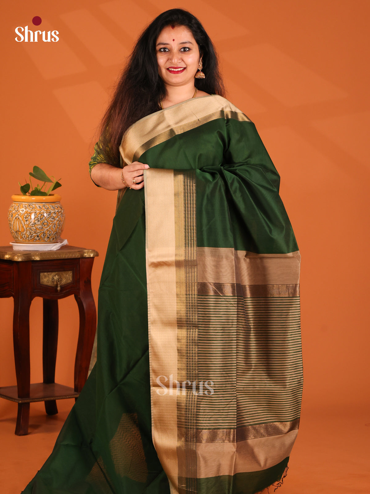 Green & Brown- Maheshwari silkcotton Saree - Shop on Shrus.com