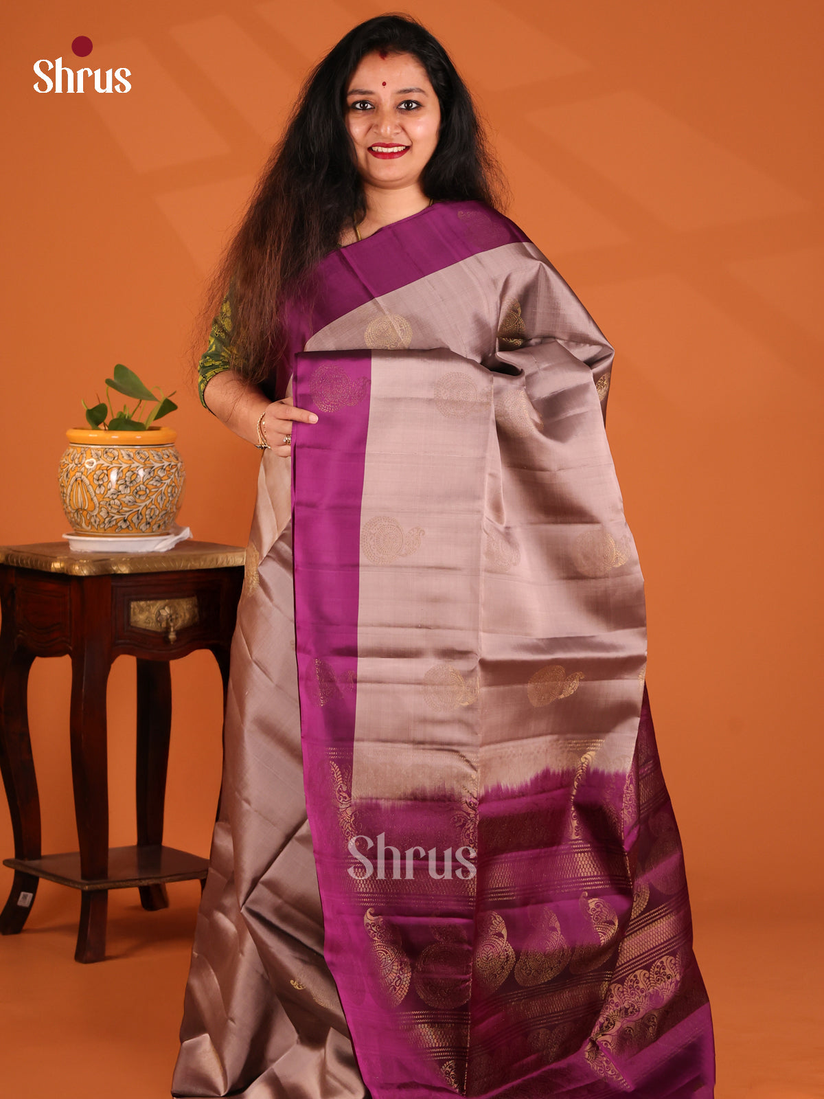 Stunning Lite brown  Softsilk-halfpure Saree with zari floral motif, purple brocade pallu - Shop on Shrus.com