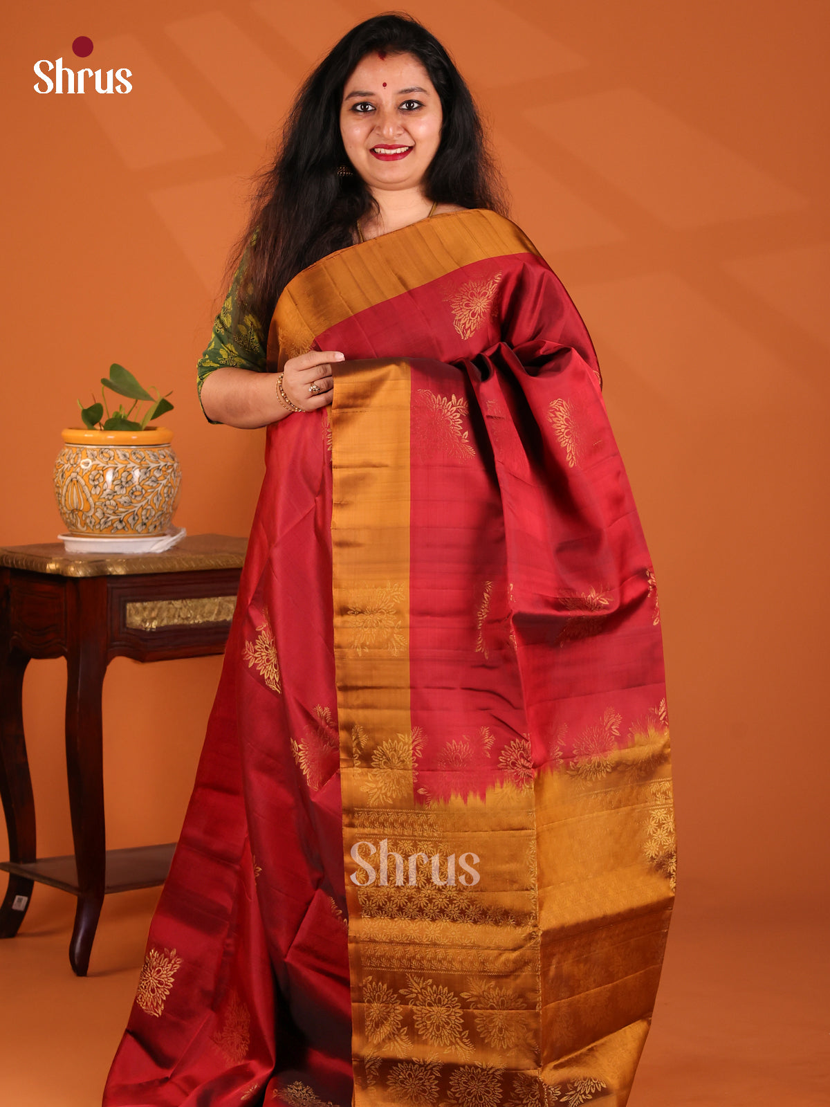 Classy Red Softsilk-halfpure Saree with gold zari motifs , brocade pallu - Shop on Shrus.com