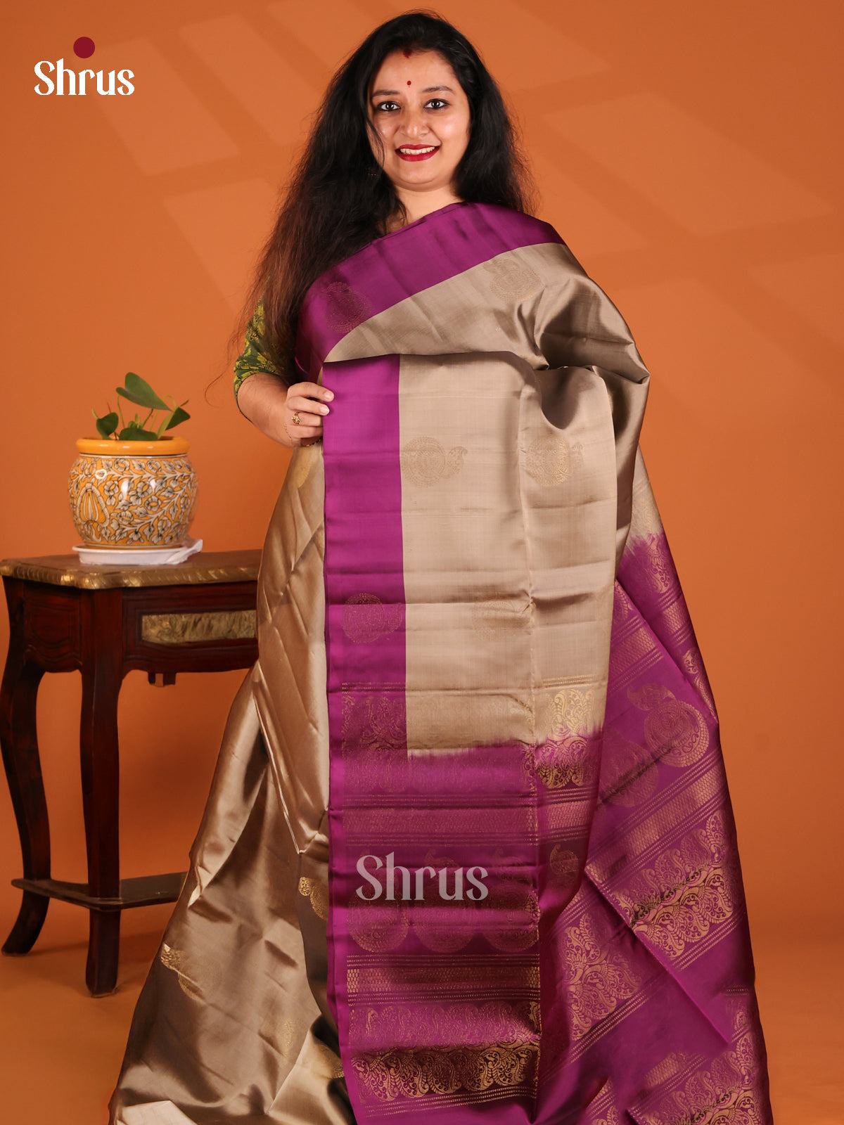 Shimmery Grey Softsilk-halfpure Saree with gold zari floral motifs, purple brocade pallu - Shop on Shrus.com