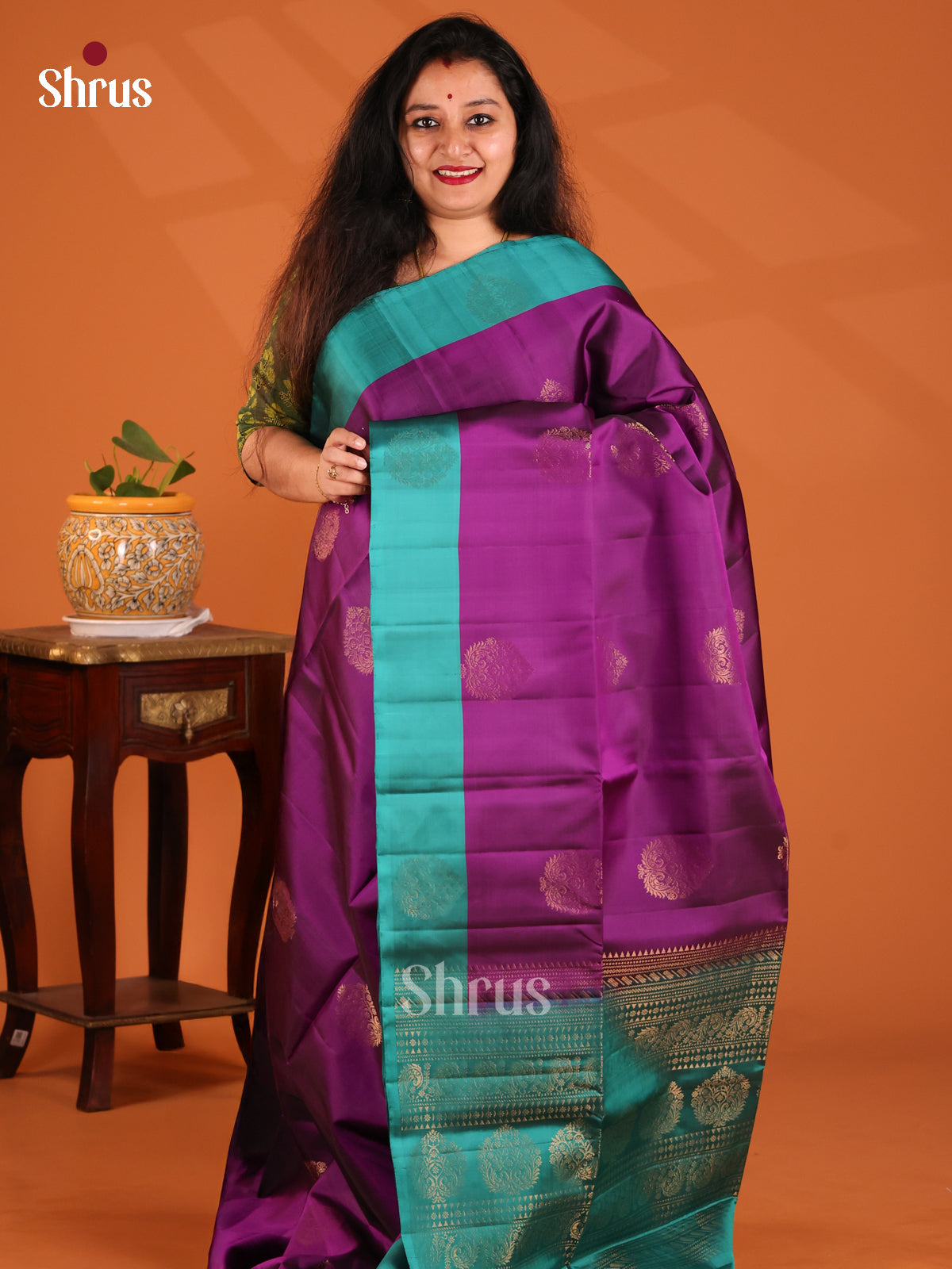 Charming Purple Softsilk-halfpure Saree with Gold zari paileys motifs , contrast Green Border - Shop on Shrus.com