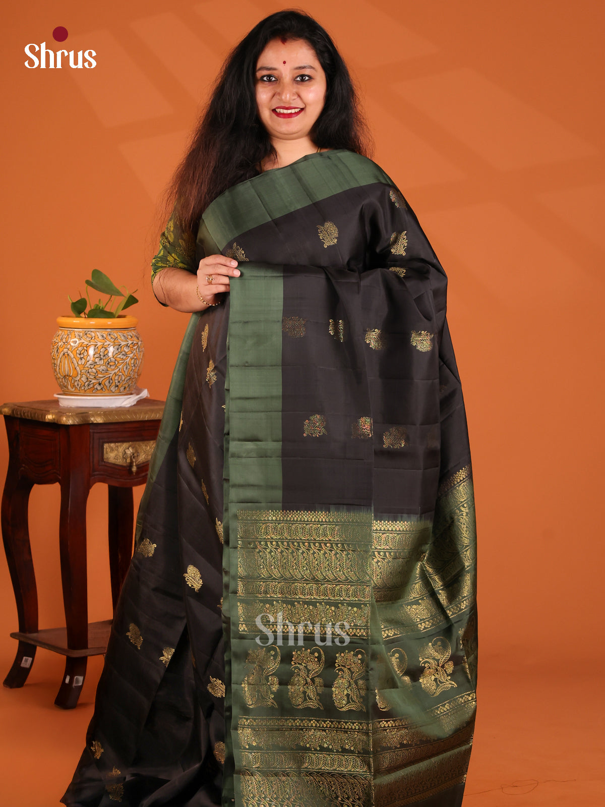 Chic Black  Softsilk-halfpure Saree gleams with peacock buttas , paisley brocade pallu - Shop on Shrus.com