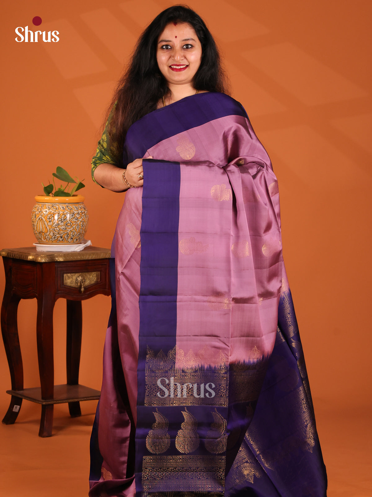 Pretty Lilac Softsilk-halfpure Saree dazzles with zari motifs , blue brocade pallu - Shop on Shrus.com