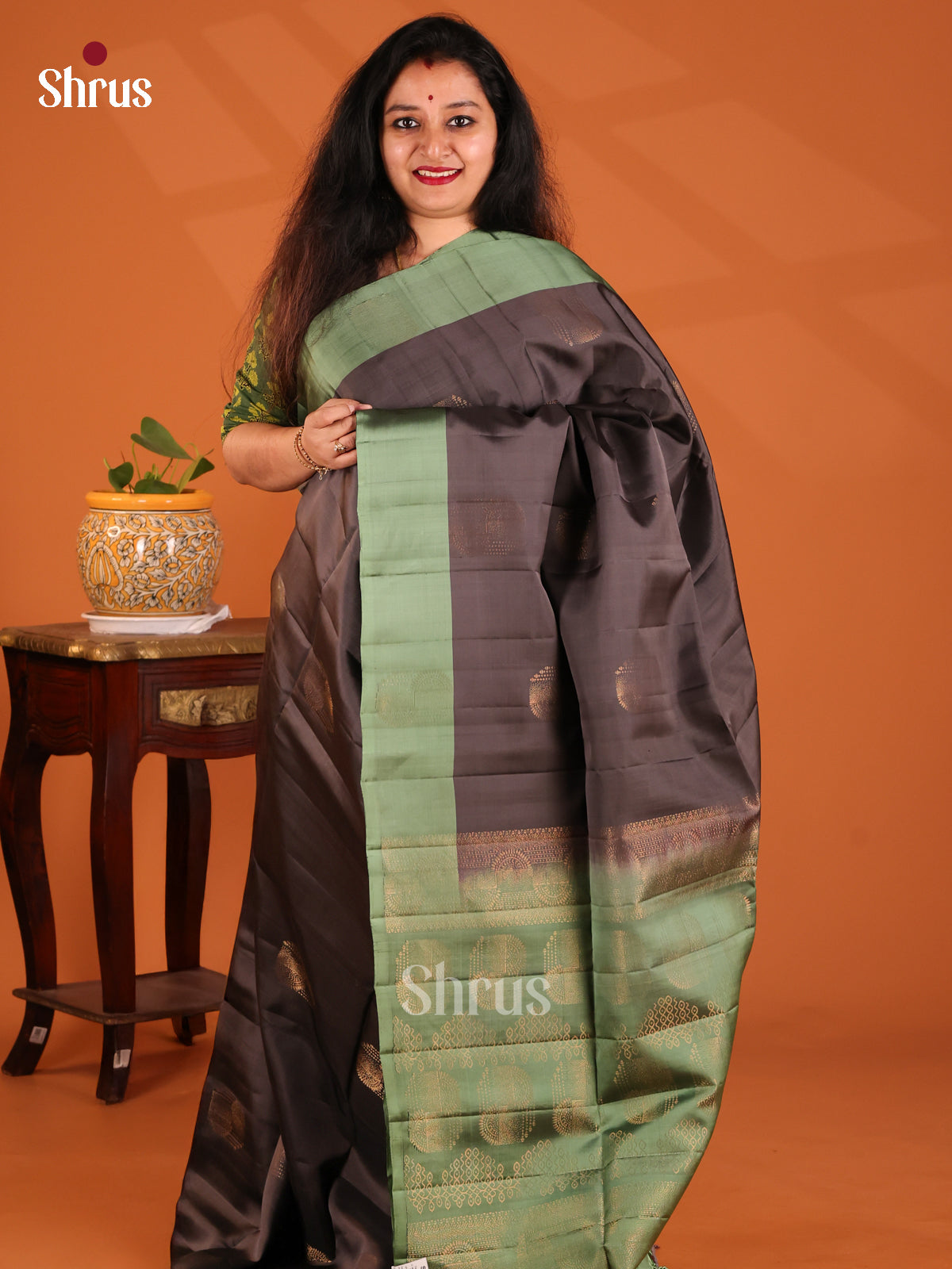 Vibrant Dark Brown Softsilk-halfpure Saree with golden zari motifs , brocade pallu - Shop on Shrus.com