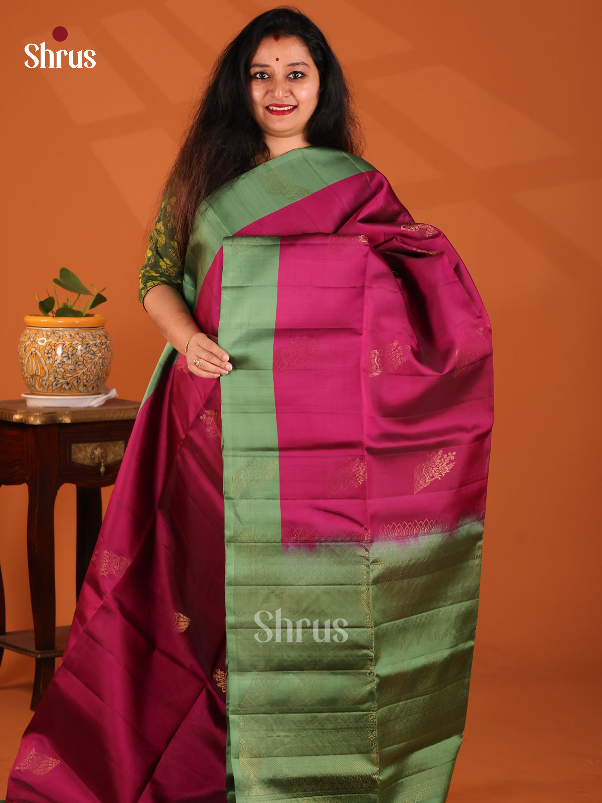 Subtle Wine with Green Softsilk-halfpure Saree gleams with Gold zari floral buttas - Shop on Shrus.com