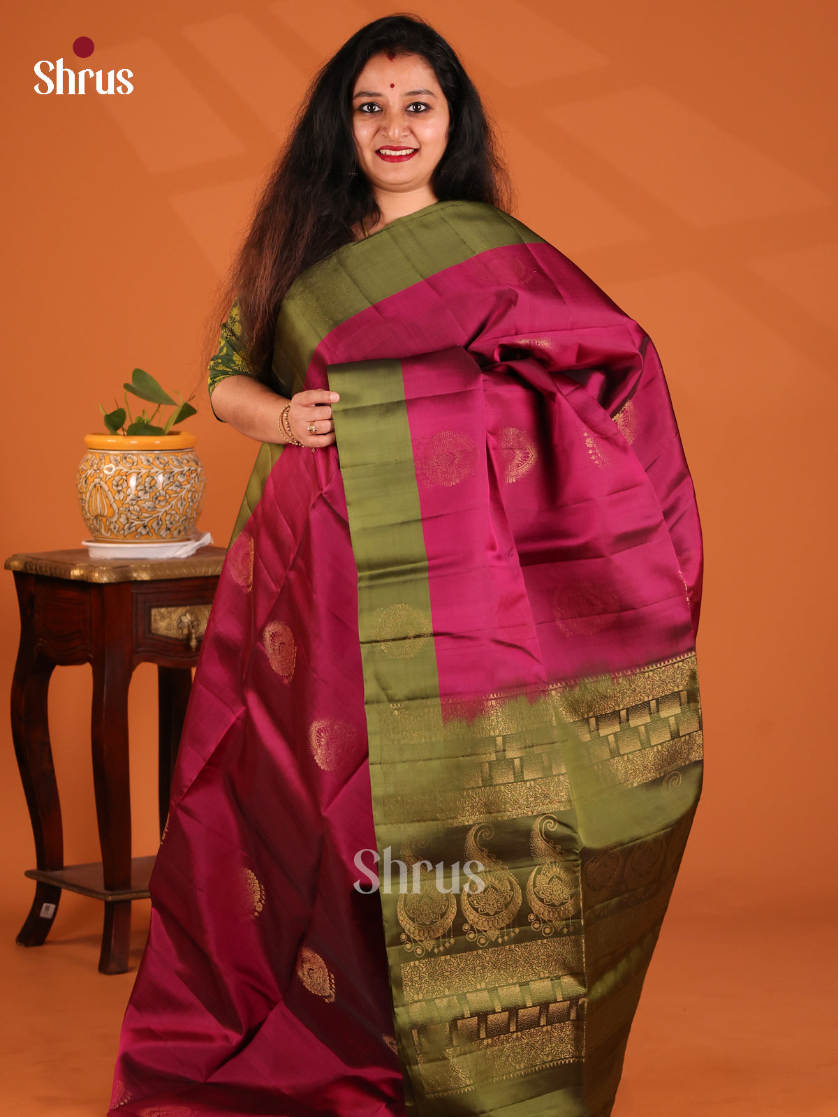 Classic Wine Softsilk-halfpure Saree with gold zari motifs , green border - Shop on Shrus.com