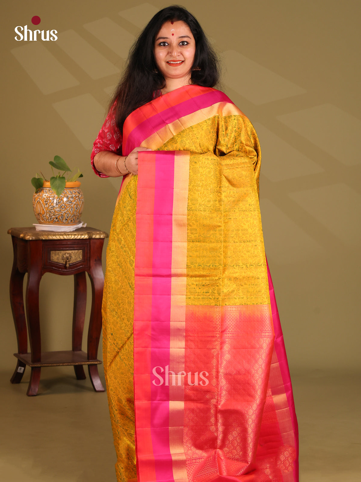 Mustard Soft Silk Saree with thread woven floral nestling , Orangish Pink brocade pallu - Shop on Shrus.com