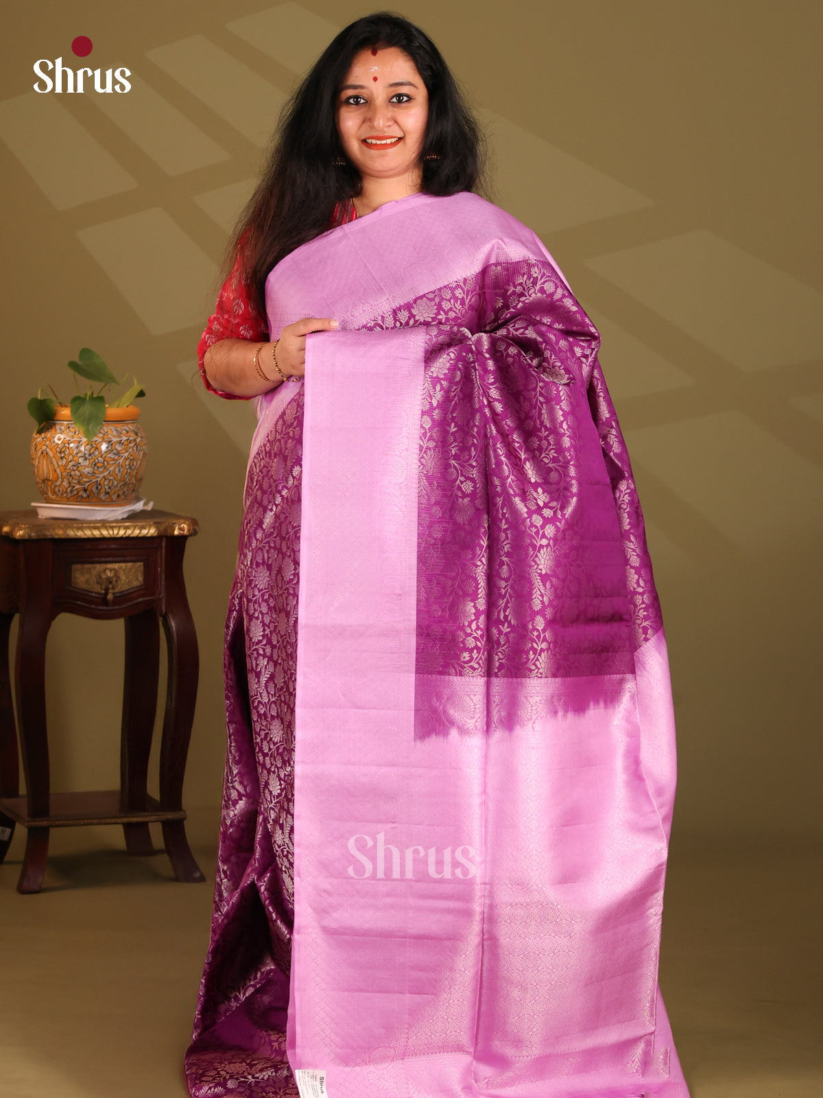 Dazzling Purple Soft Silk Saree with zari woven floral nestling brocade , contrast Pink border - Shop on Shrus.com