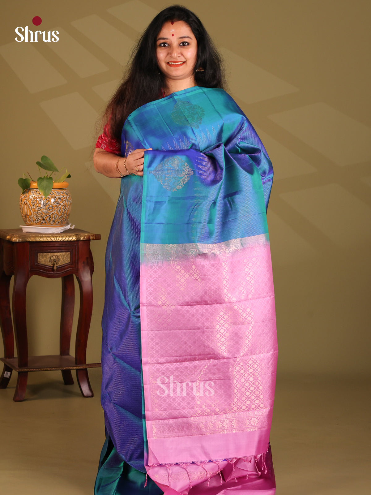 Gorgeous Peacock Blue Soft Silk Saree gleam swith floral motifs , pink brocade pallu - Shop on Shrus.com