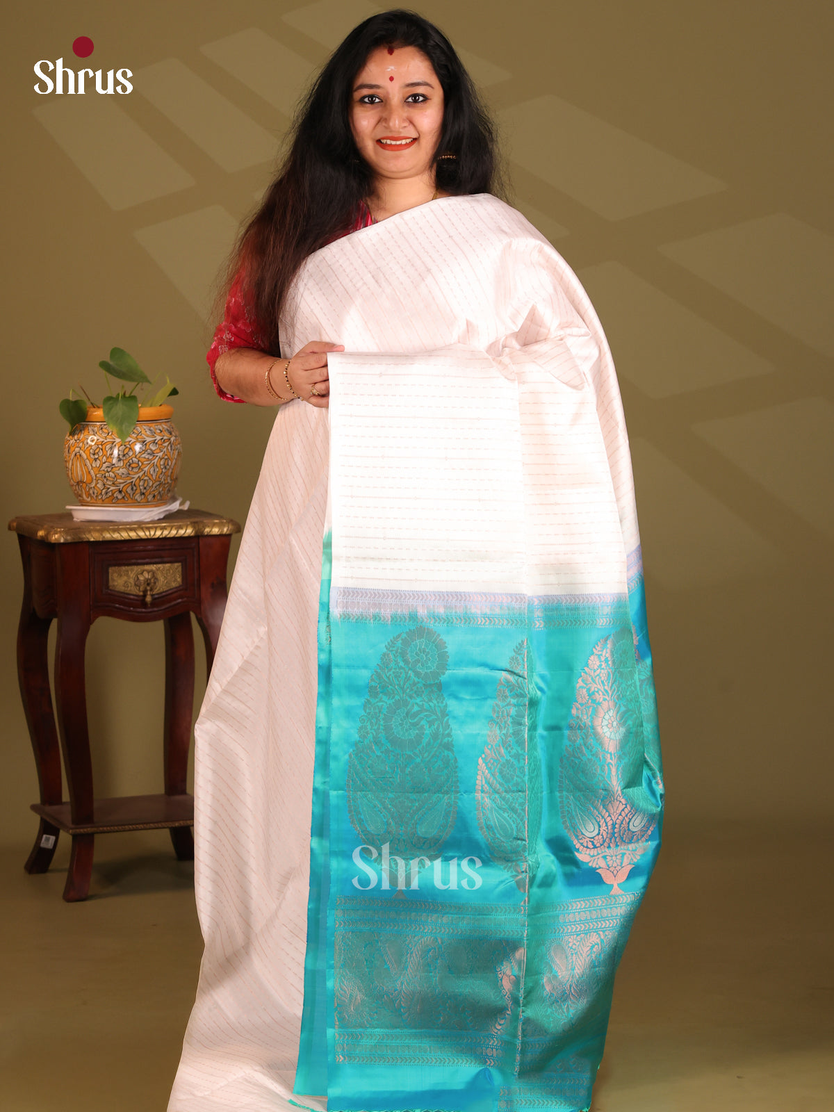 Charming Cream Soft Silk Saree gleams with zari stripes, buttas , contrast brocade pallu - Shop on Shrus.com