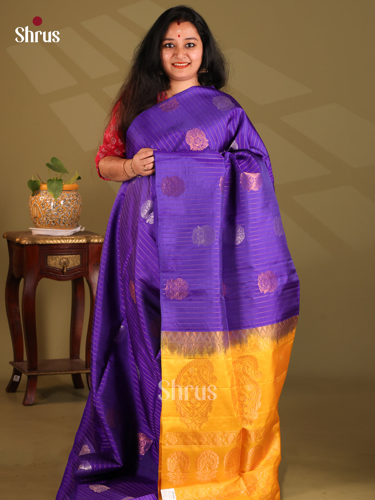 Radiant Purple Soft Silk Saree with gold zari stripes, motifs ,mustard paisleys pallu - Shop on Shrus.com
