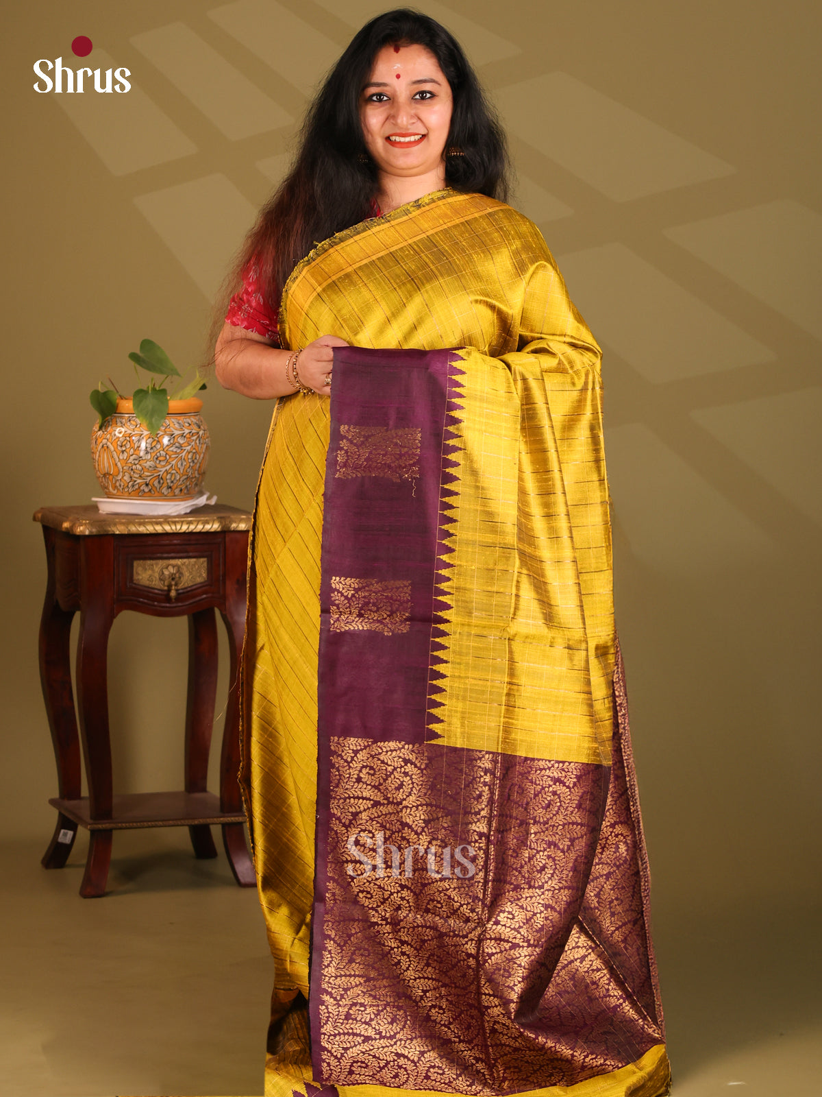 Luminous Mustard Raw Silk Saree with zari checks , Jamun Brocade pallu - Shop on Shrus.com