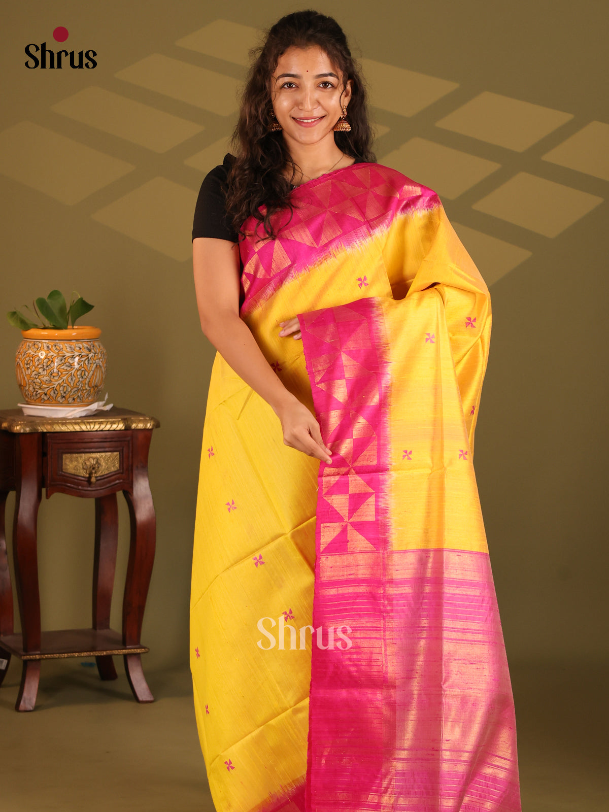 Glorious Yellow Raw Silk Saree with thread woven floral buttas , zari floral motif border - Shop on Shrus.com