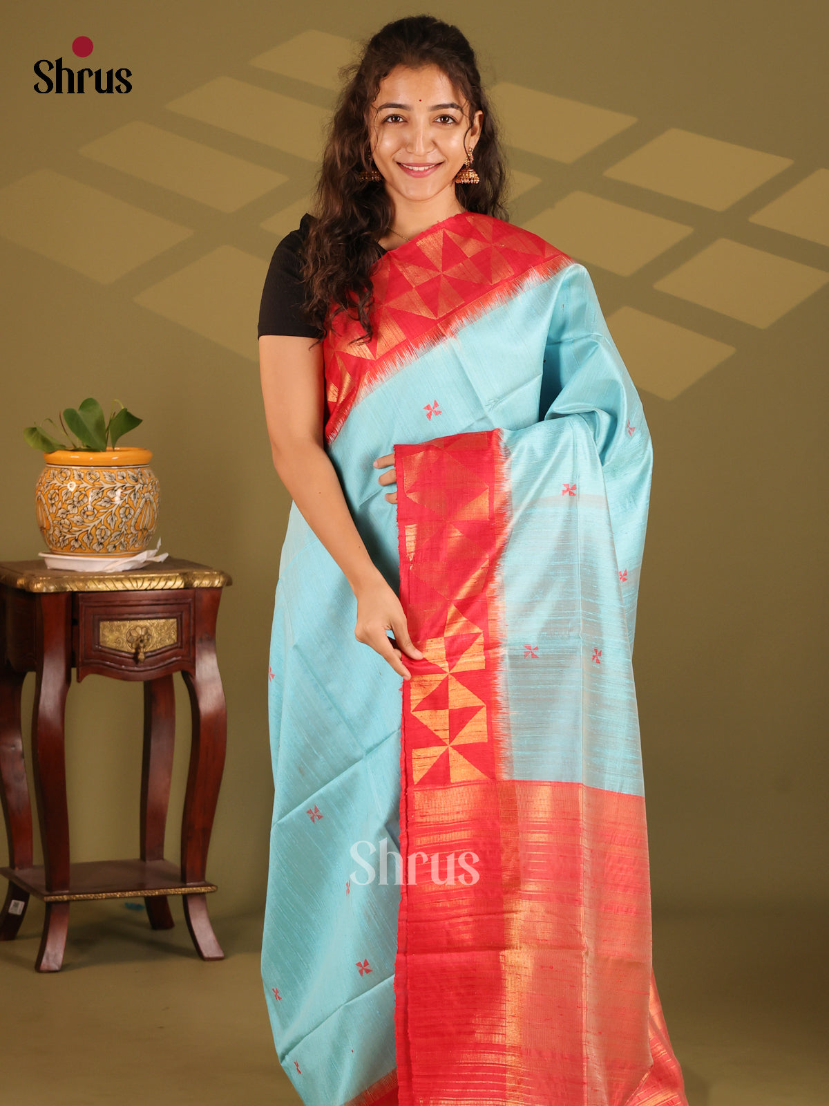 Exquisite Pastel Blue Raw Silk Saree with thread woven buttas , Red brocade Pallu - Shop on Shrus.com