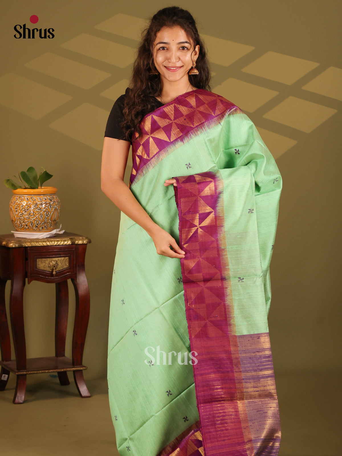 Vivacious Pista Green  Raw Silk Saree with thread woven buttas , purple floral zari border - Shop on Shrus.com
