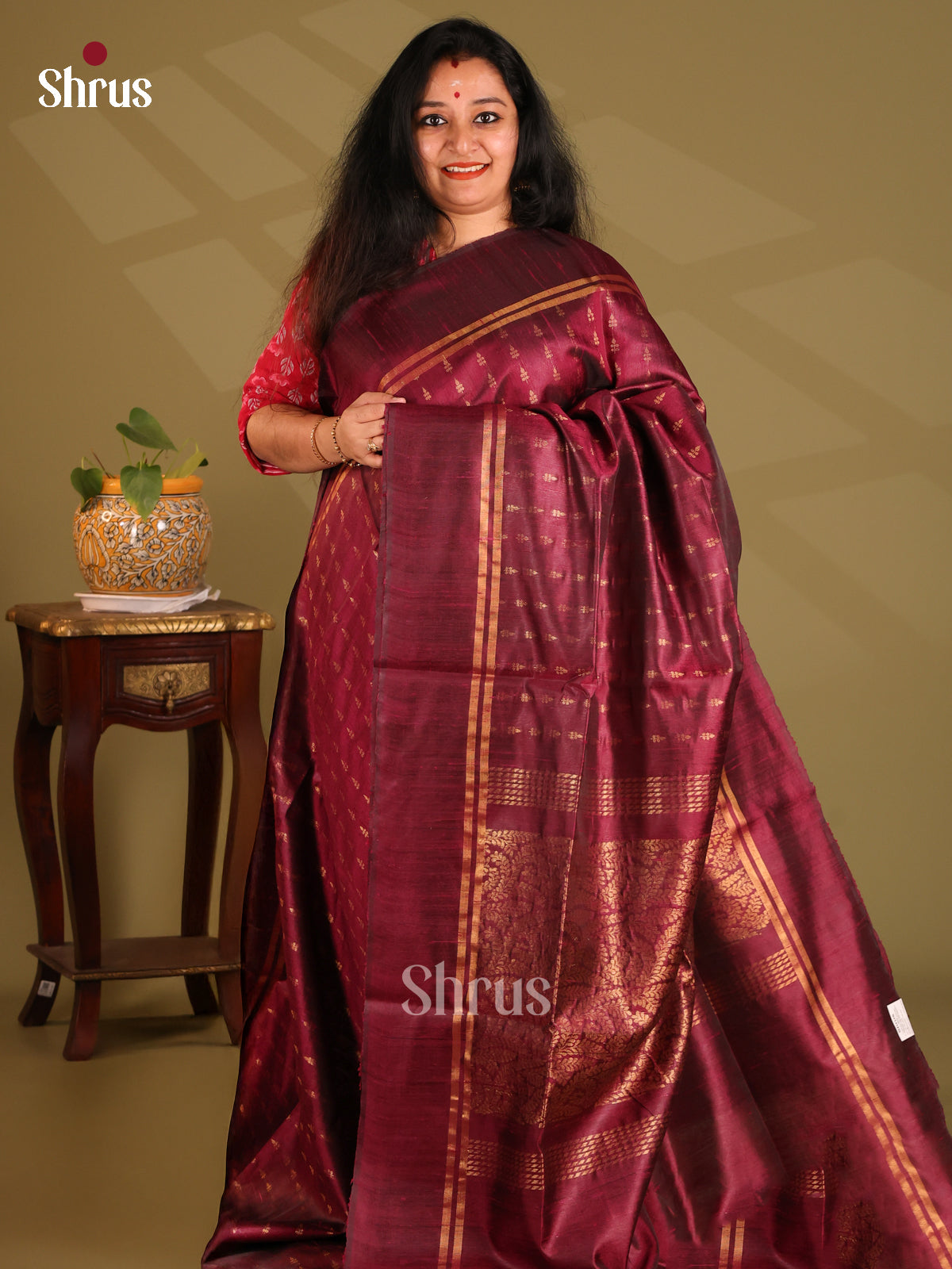 Rich Maroon Raw Silk Saree dazzles with gold zaei buttas ,brocade pallu - Shop on Shrus.com
