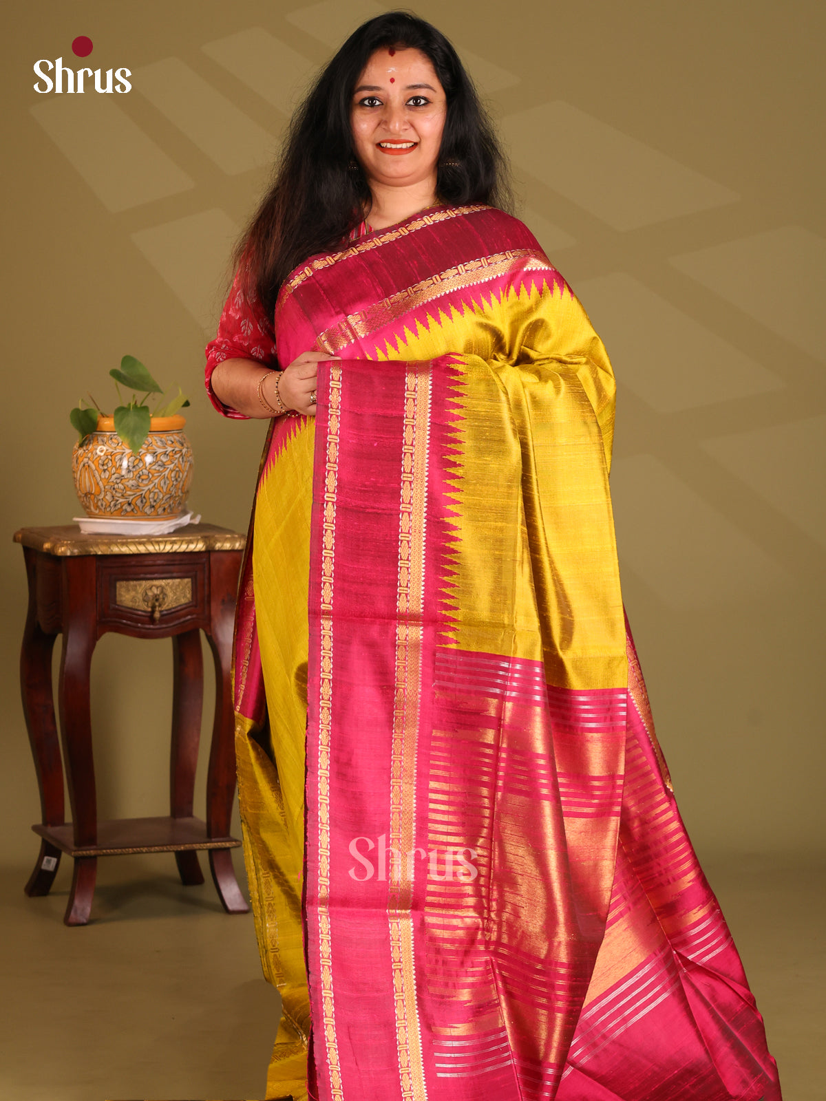 Glorious Mustard Raw Silk Saree with plain body , rettaipet maroon border - Shop on Shrus.com