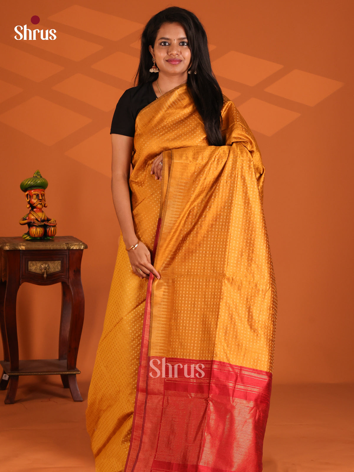 Mustard & Red - Semi Rawsilk Saree - Shop on Shrus.com