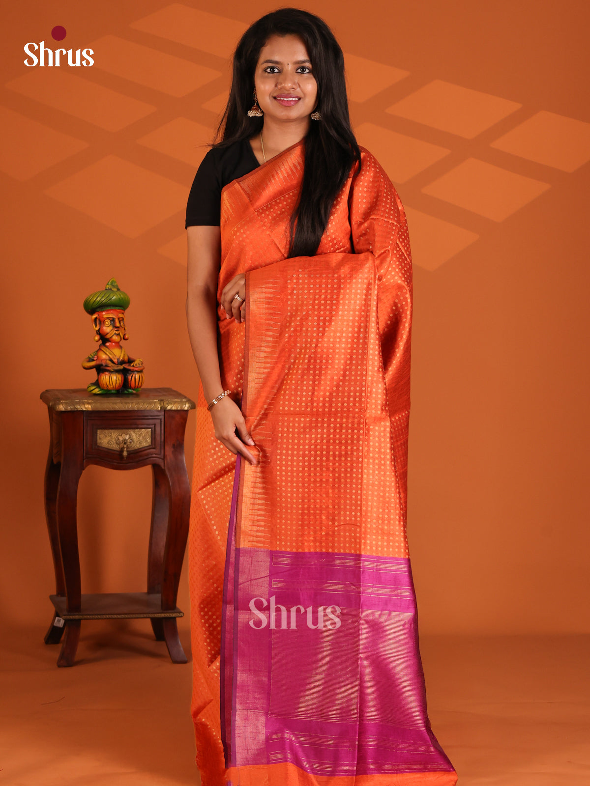 Orange with Purple- Semi Rawsilk Saree - Shop on Shrus.com