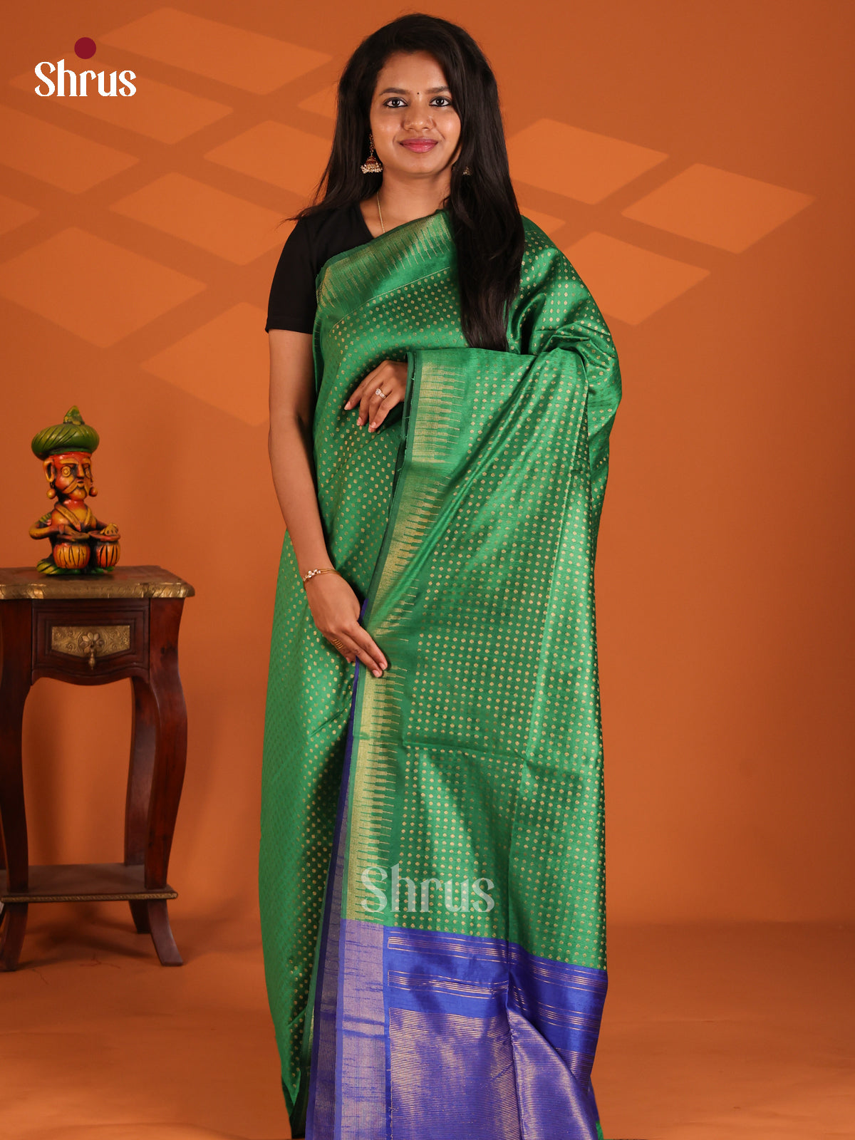 Green with Blue - Semi Rawsilk Saree - Shop on Shrus.com
