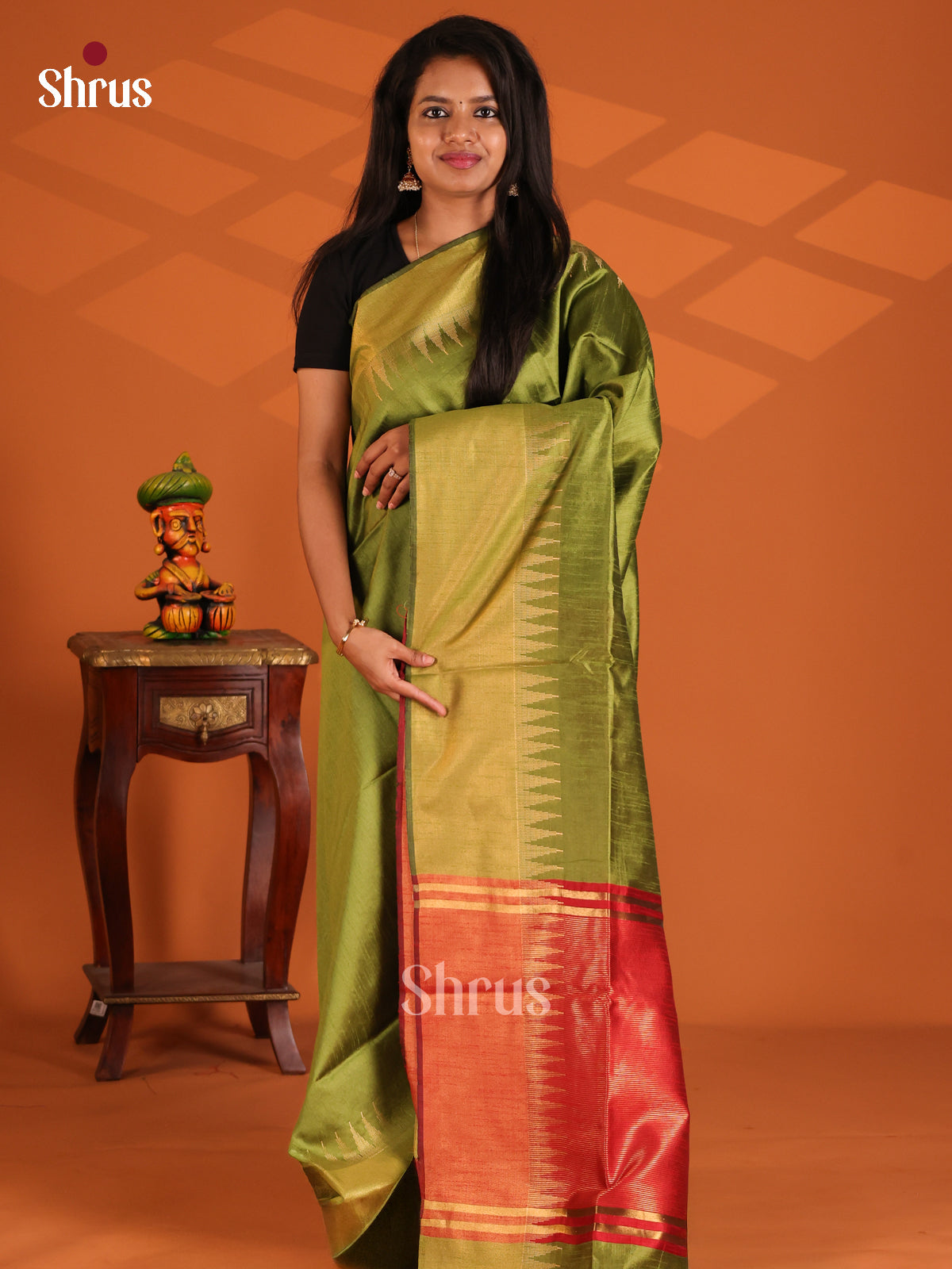 Green with Red- Semi Rawsilk Saree - Shop on Shrus.com