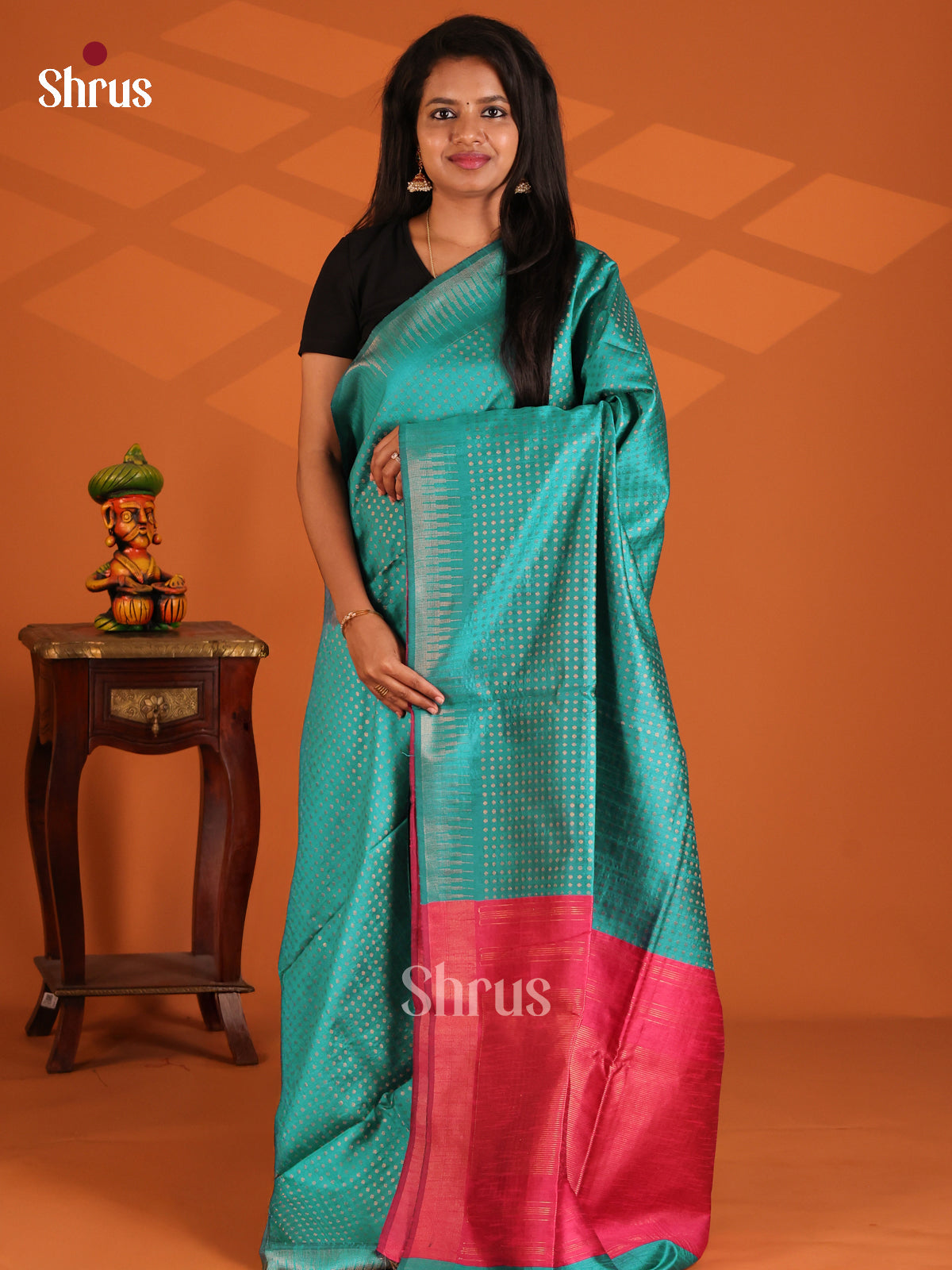 Teal & Pink- Semi Rawsilk Saree - Shop on Shrus.com