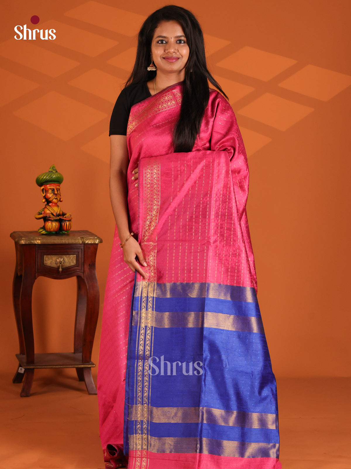 Pink & Blue - Semi Rawsilk Saree - Shop on Shrus.com