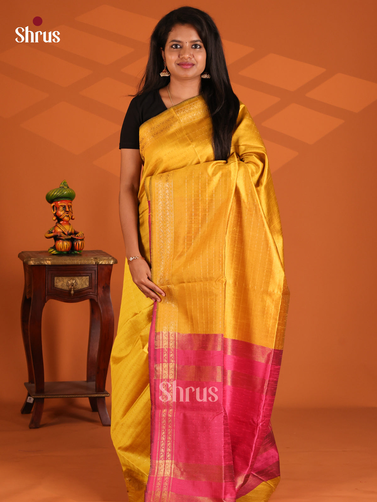 Yellow & Pink- Semi Rawsilk Saree - Shop on Shrus.com