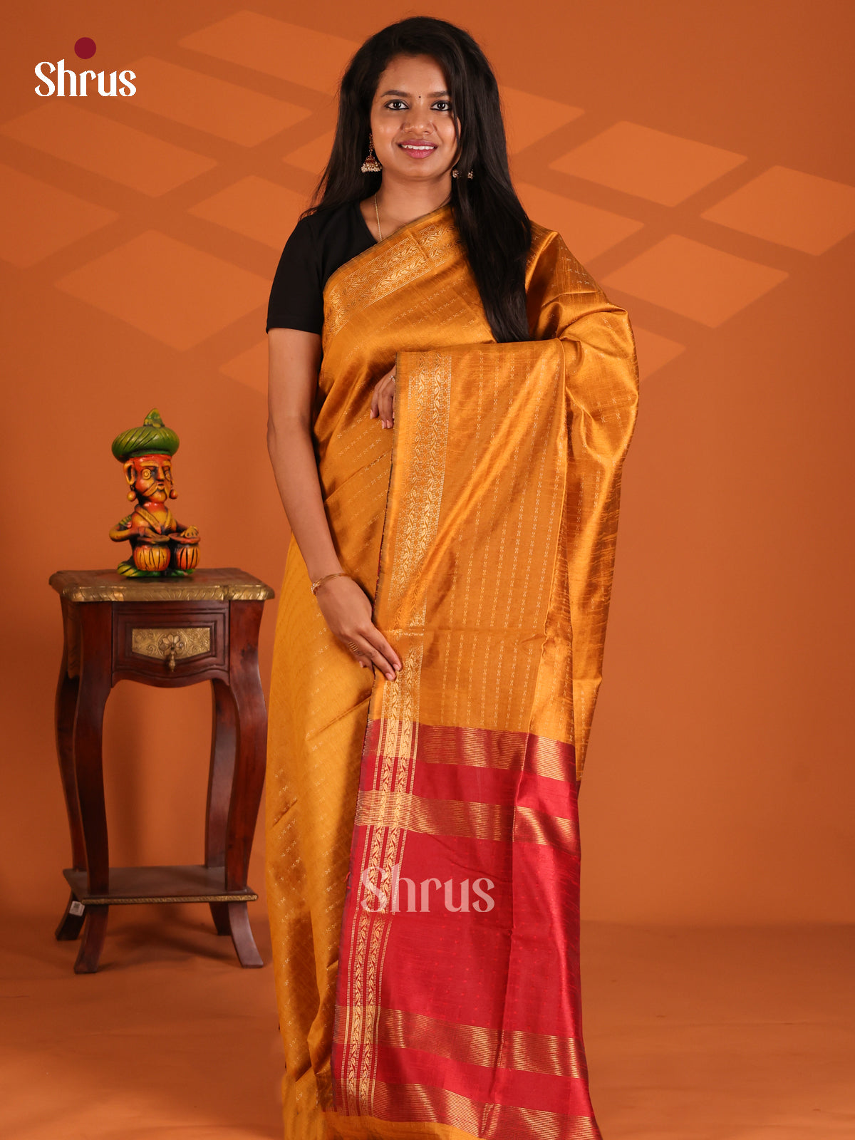 Mustard with Red  - Semi Rawsilk Saree - Shop on Shrus.com