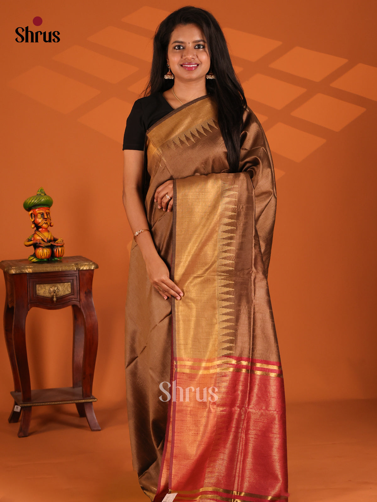 Brown & Maroon - Semi Rawsilk saree